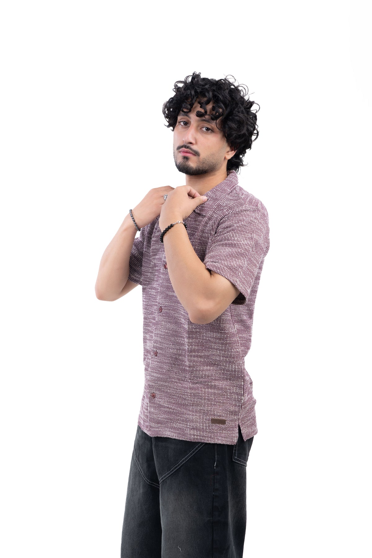 Textured Knit Half Sleeve Shirt Maroon