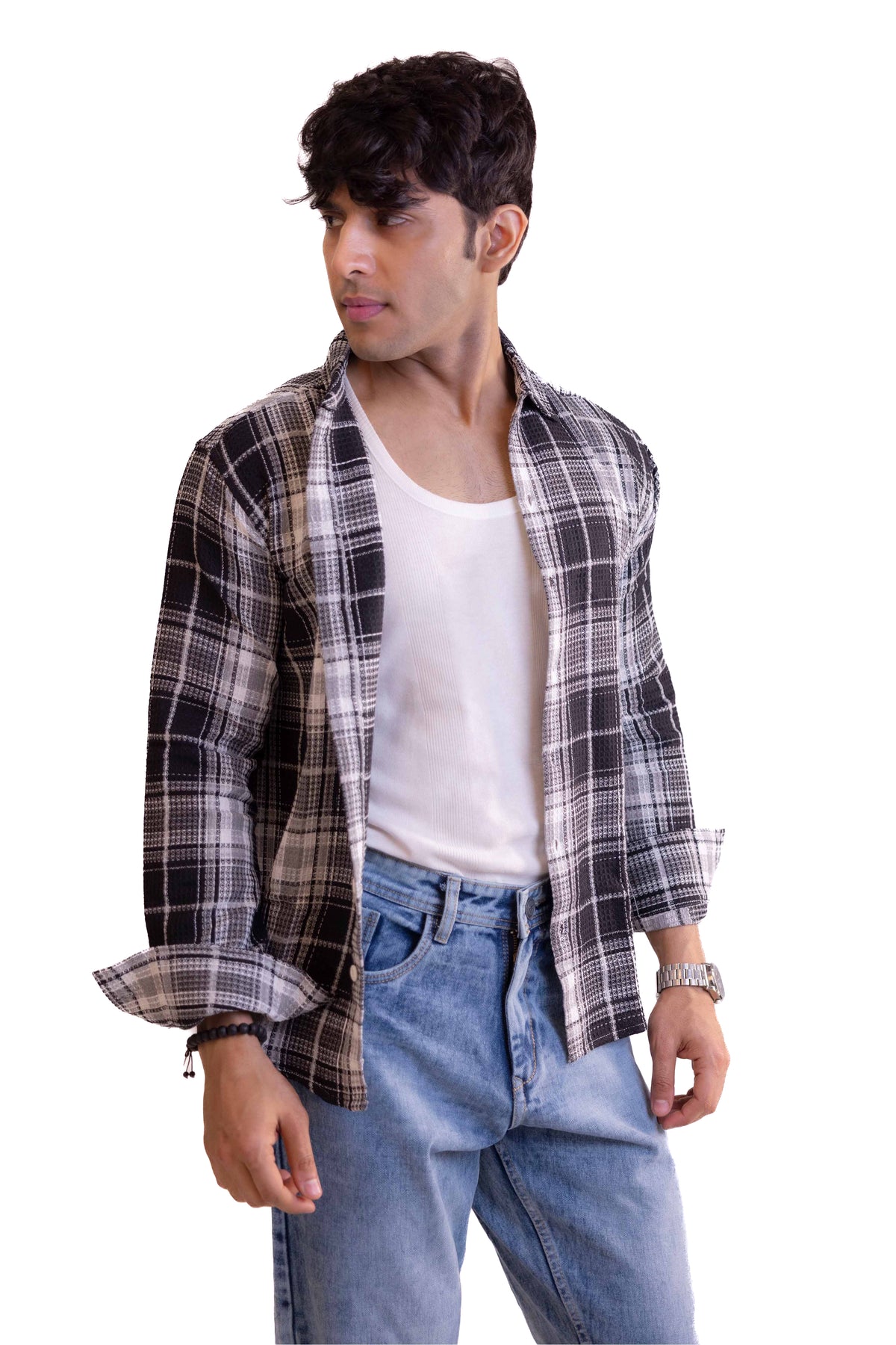 Black Waffle Checks Regular Fit Full Sleeves Shirt