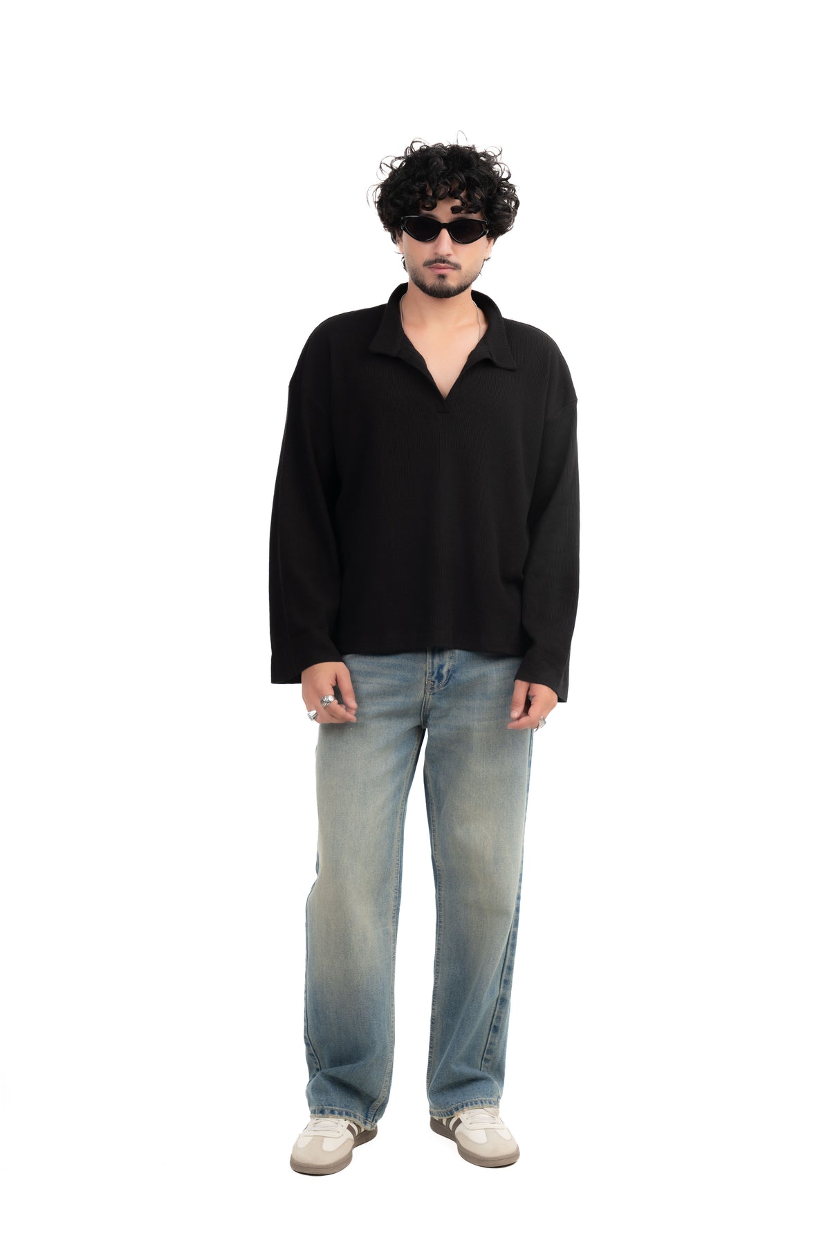 Black Oversized Waffle Polo Tee