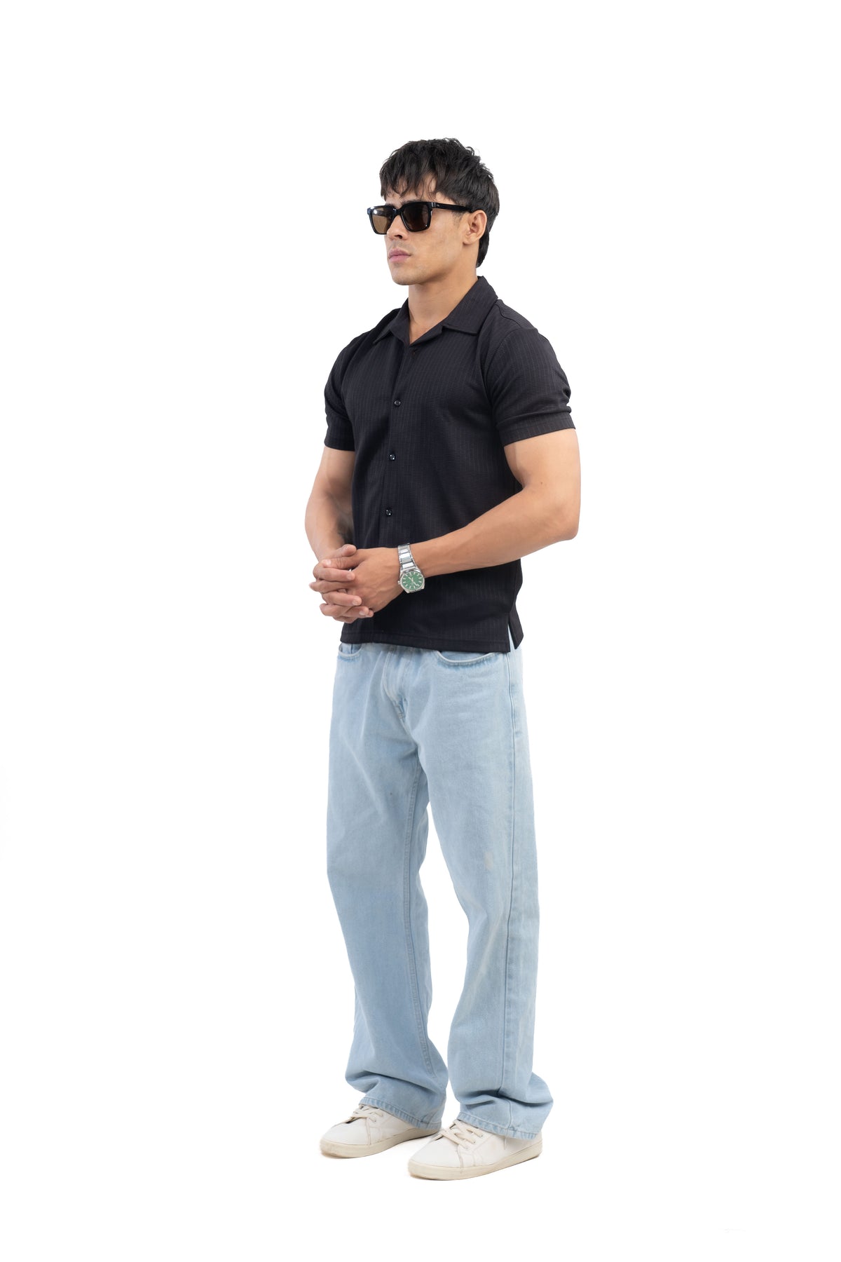 Black Textured Cuban Collar Half Sleeve Shirt
