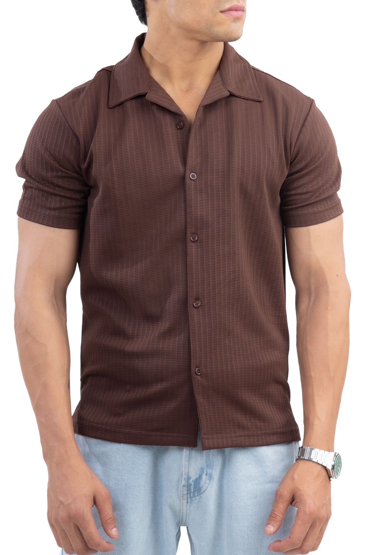 Brown Textured Cuban Collar Half Sleeve Shirt