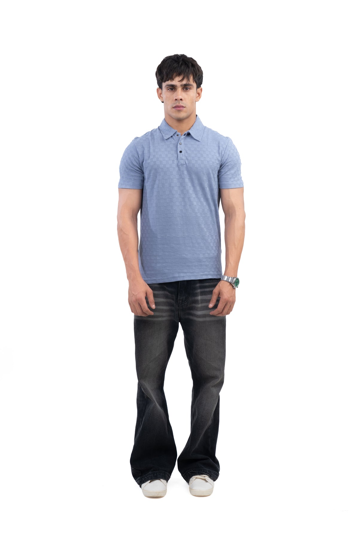 Dusty Blue Textured Check Polo T-Shirt