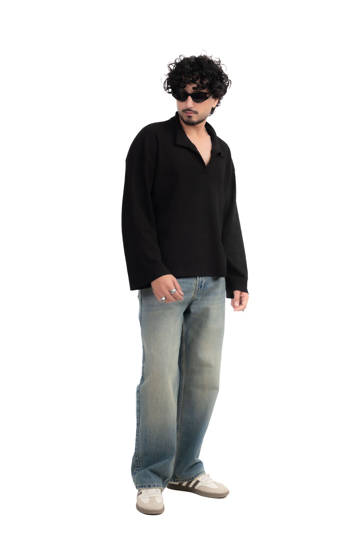 Black Oversized Waffle Polo Tee