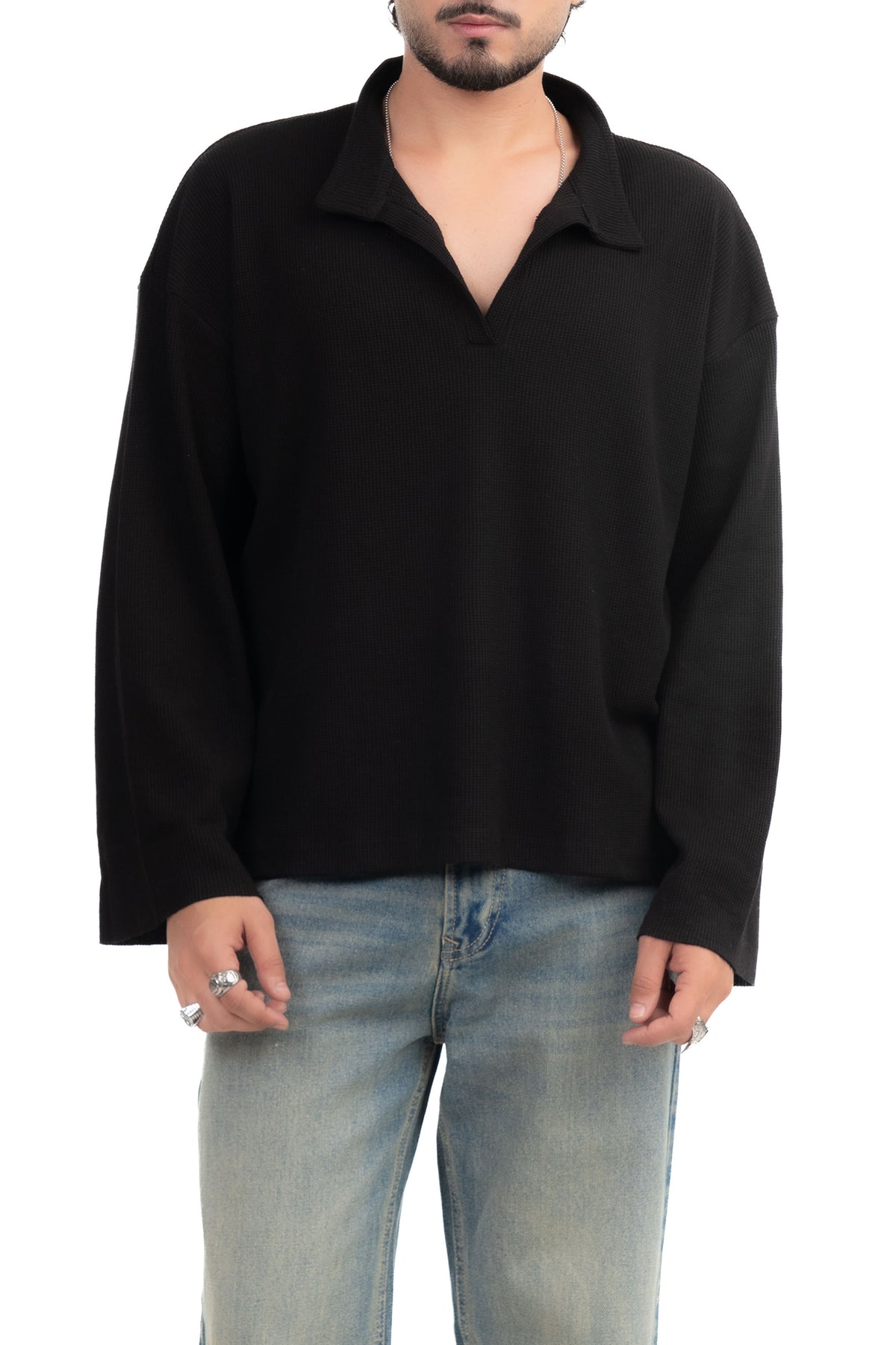 Black Oversized Waffle Polo Tee