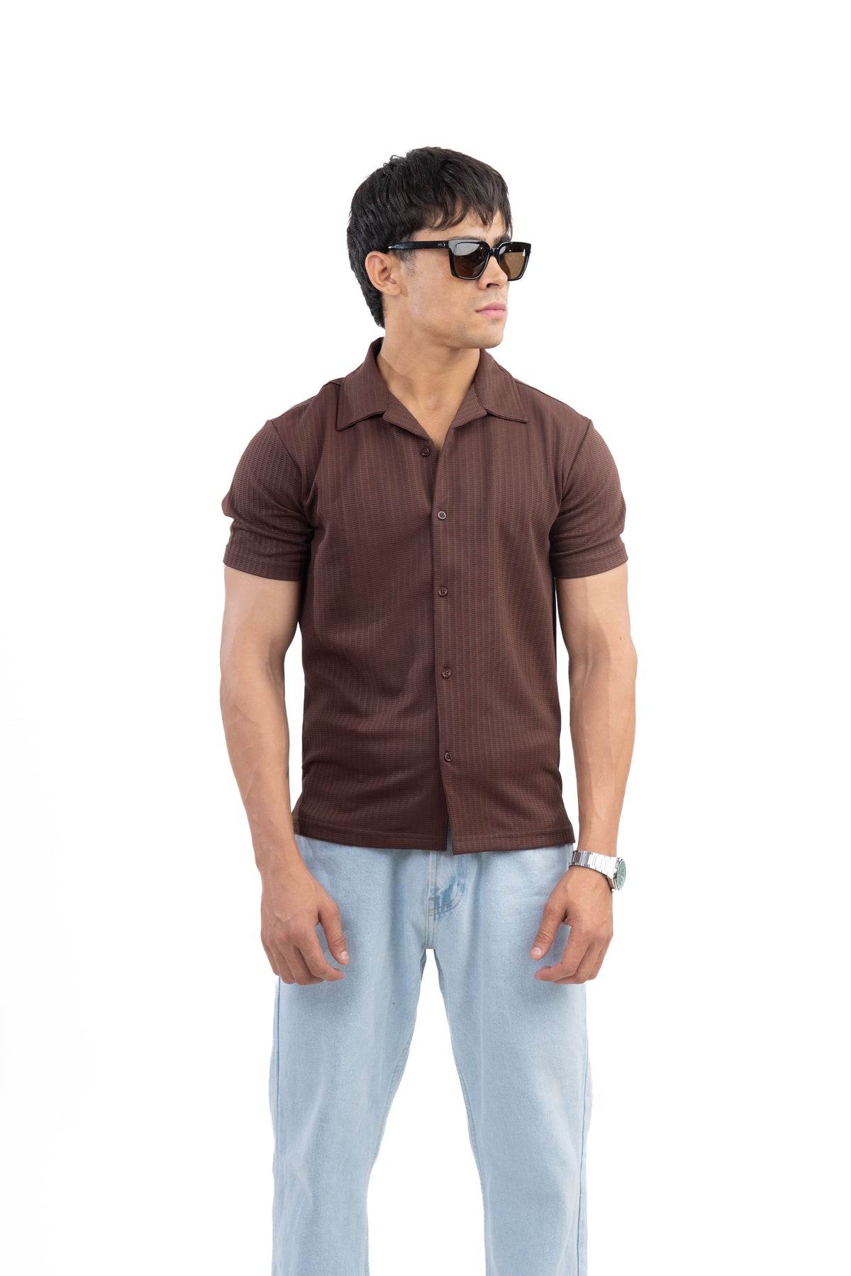 Brown Textured Cuban Collar Half Sleeve Shirt