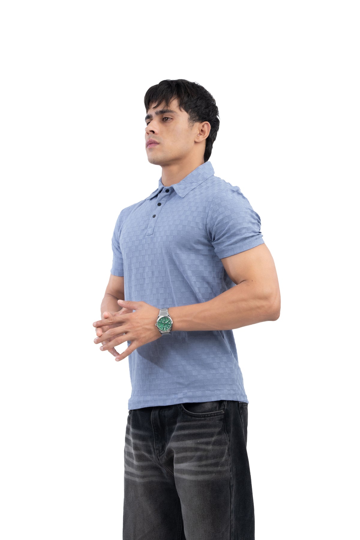 Dusty Blue Textured Check Polo T-Shirt