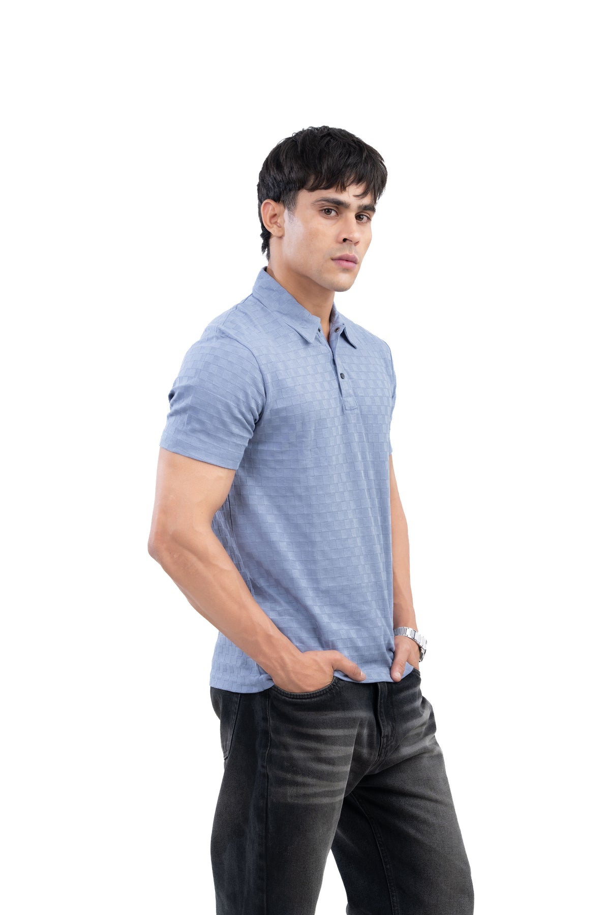 Dusty Blue Textured Check Polo T-Shirt