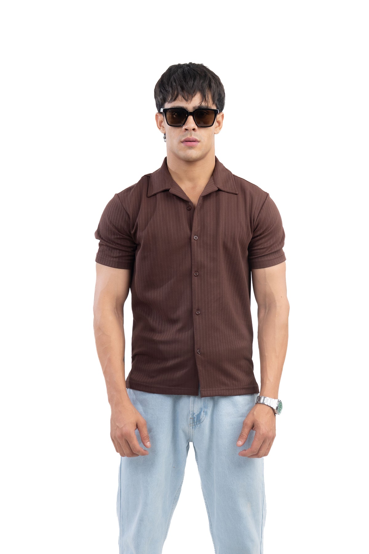 Brown Textured Cuban Collar Half Sleeve Shirt