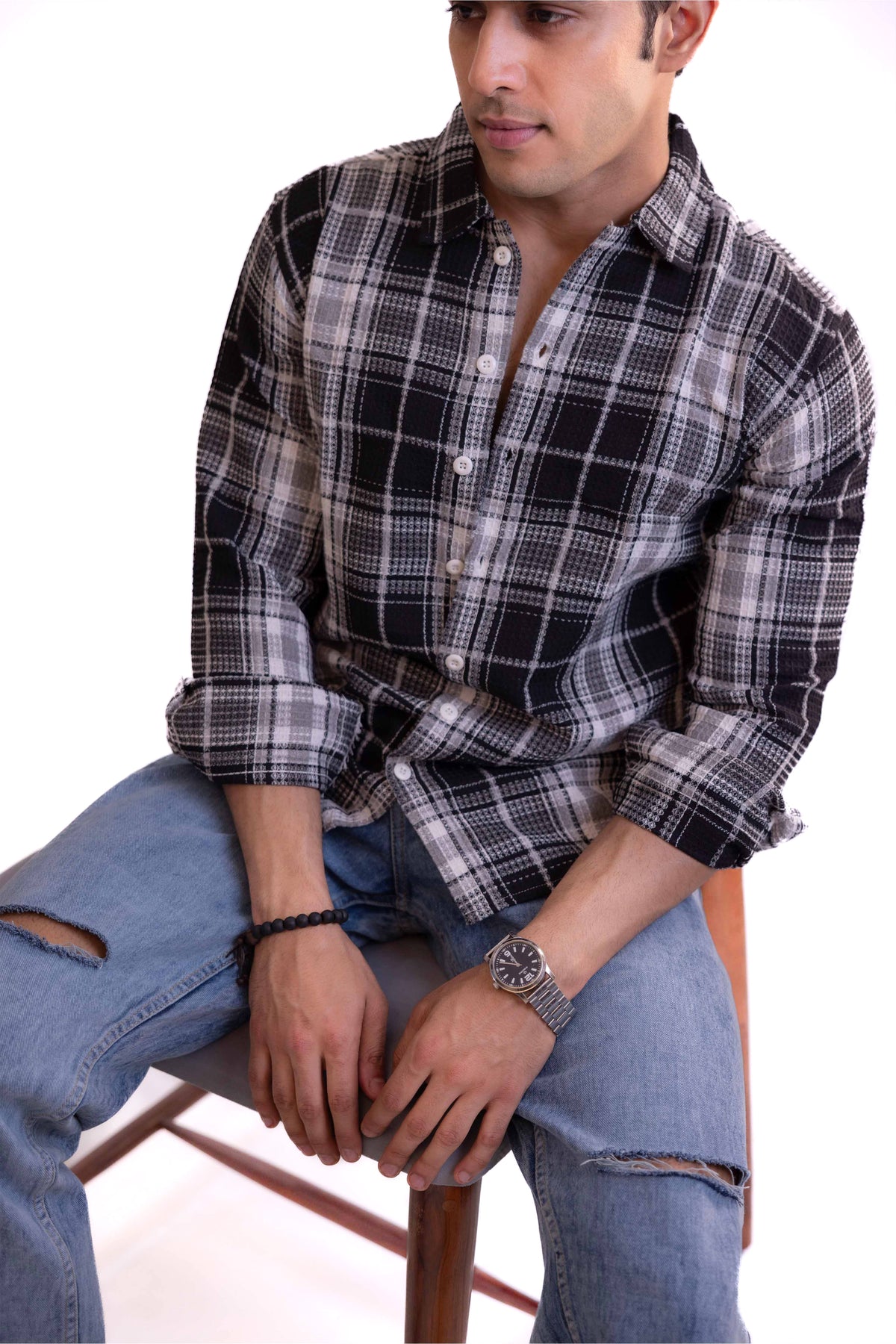 Black Waffle Checks Regular Fit Full Sleeves Shirt