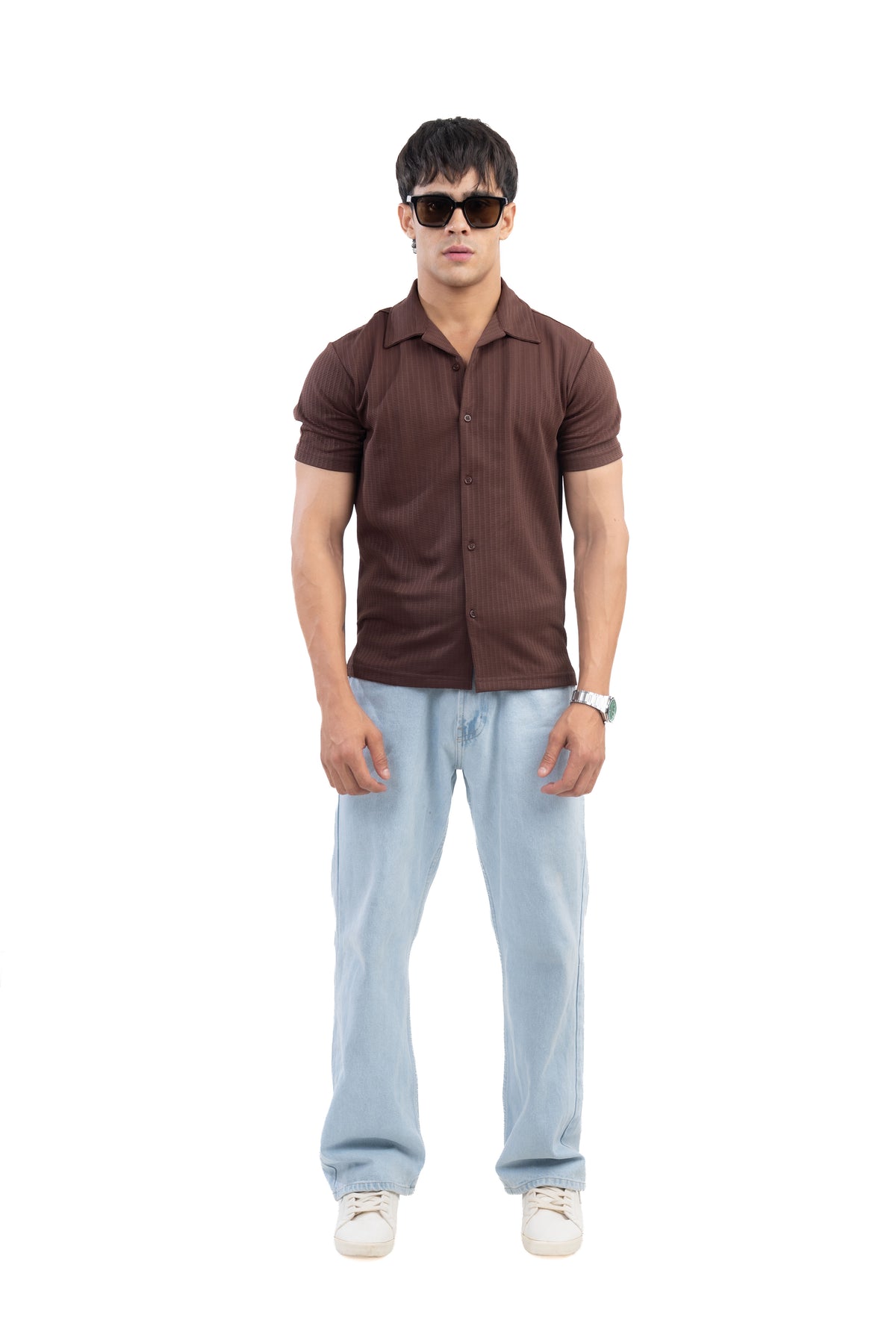 Brown Textured Cuban Collar Half Sleeve Shirt