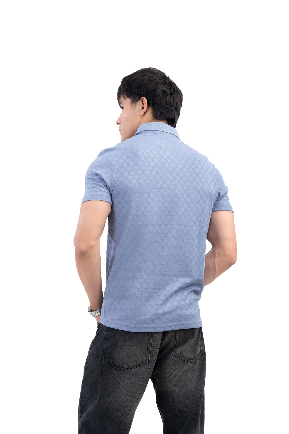 Dusty Blue Textured Check Polo T-Shirt