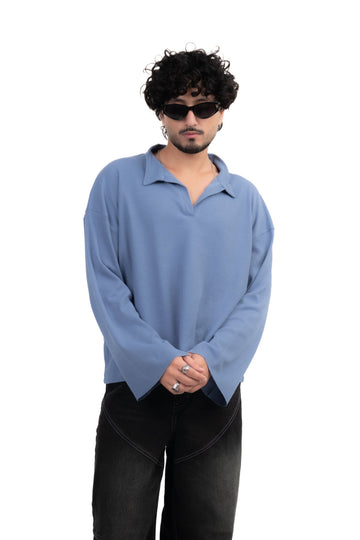 Dusty Blue Oversized Waffle Polo Tee