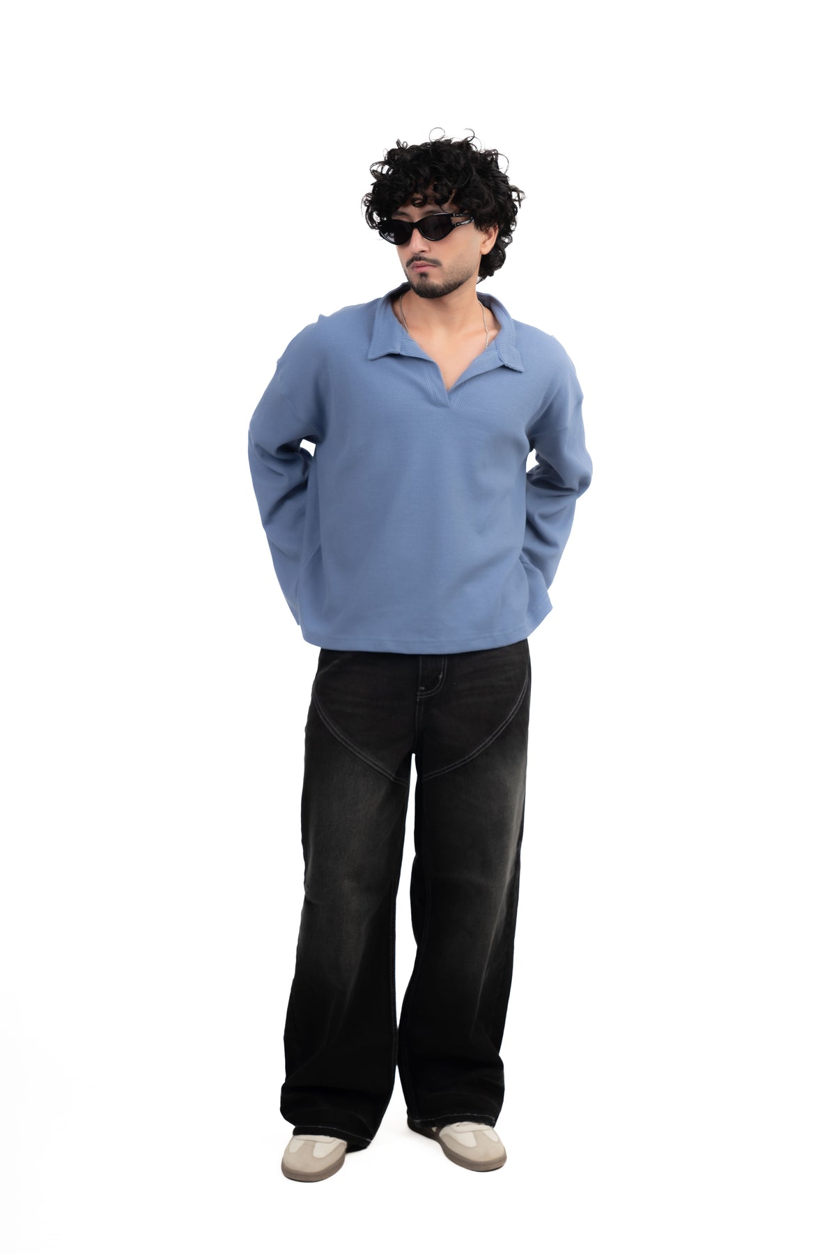 Dusty Blue Oversized Waffle Polo Tee