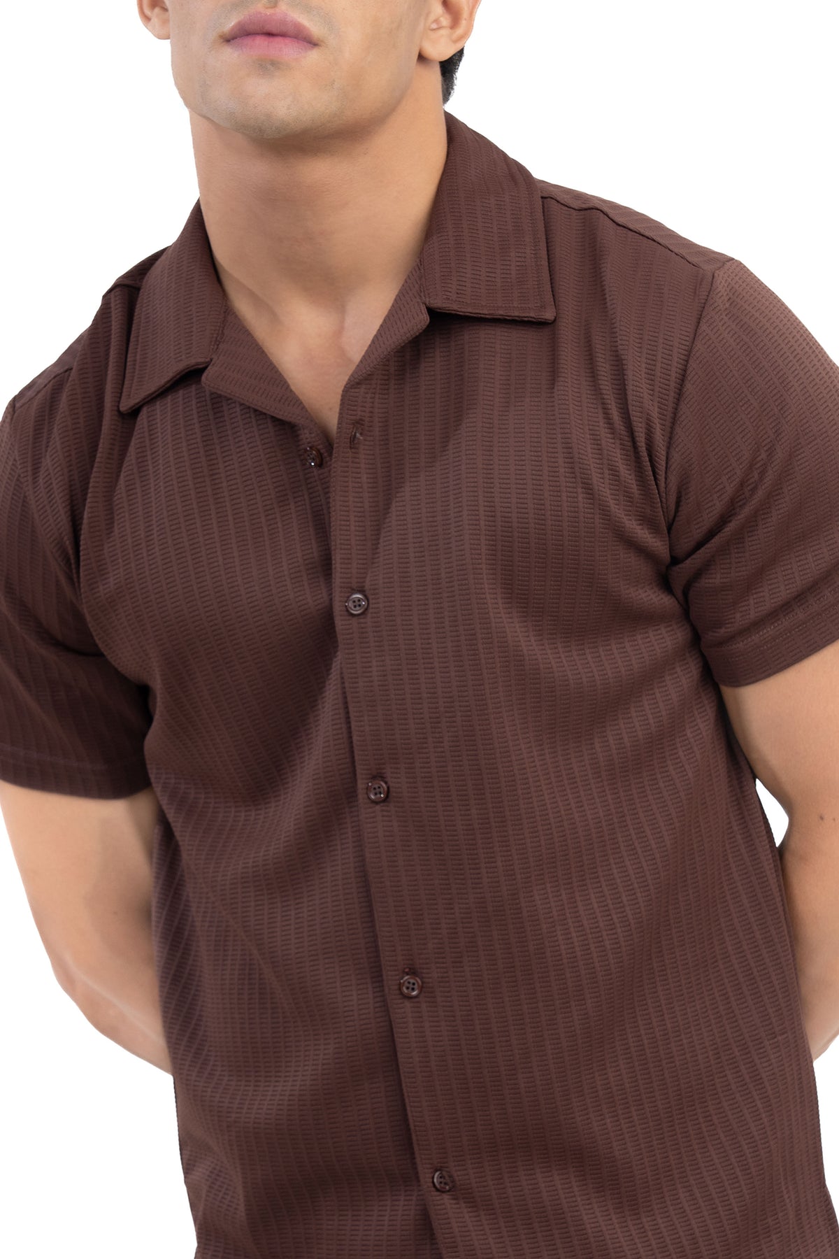 Brown Textured Cuban Collar Half Sleeve Shirt