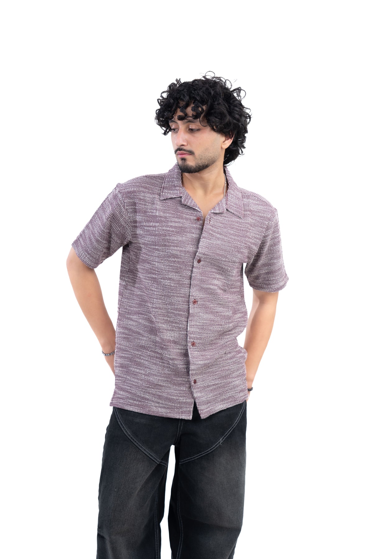 Textured Knit Half Sleeve Shirt Maroon