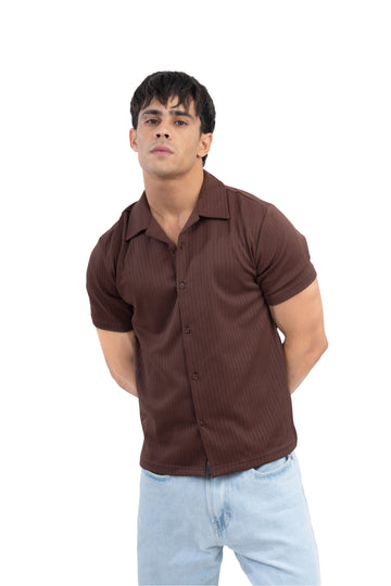 Brown Textured Cuban Collar Half Sleeve Shirt