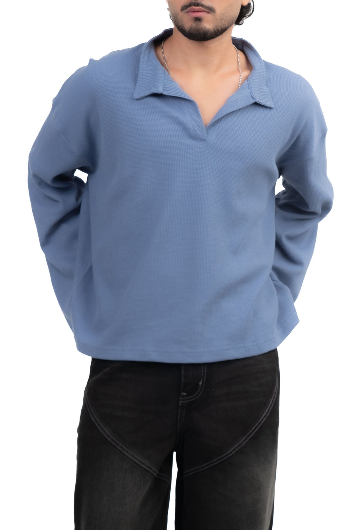 Dusty Blue Oversized Waffle Polo Tee