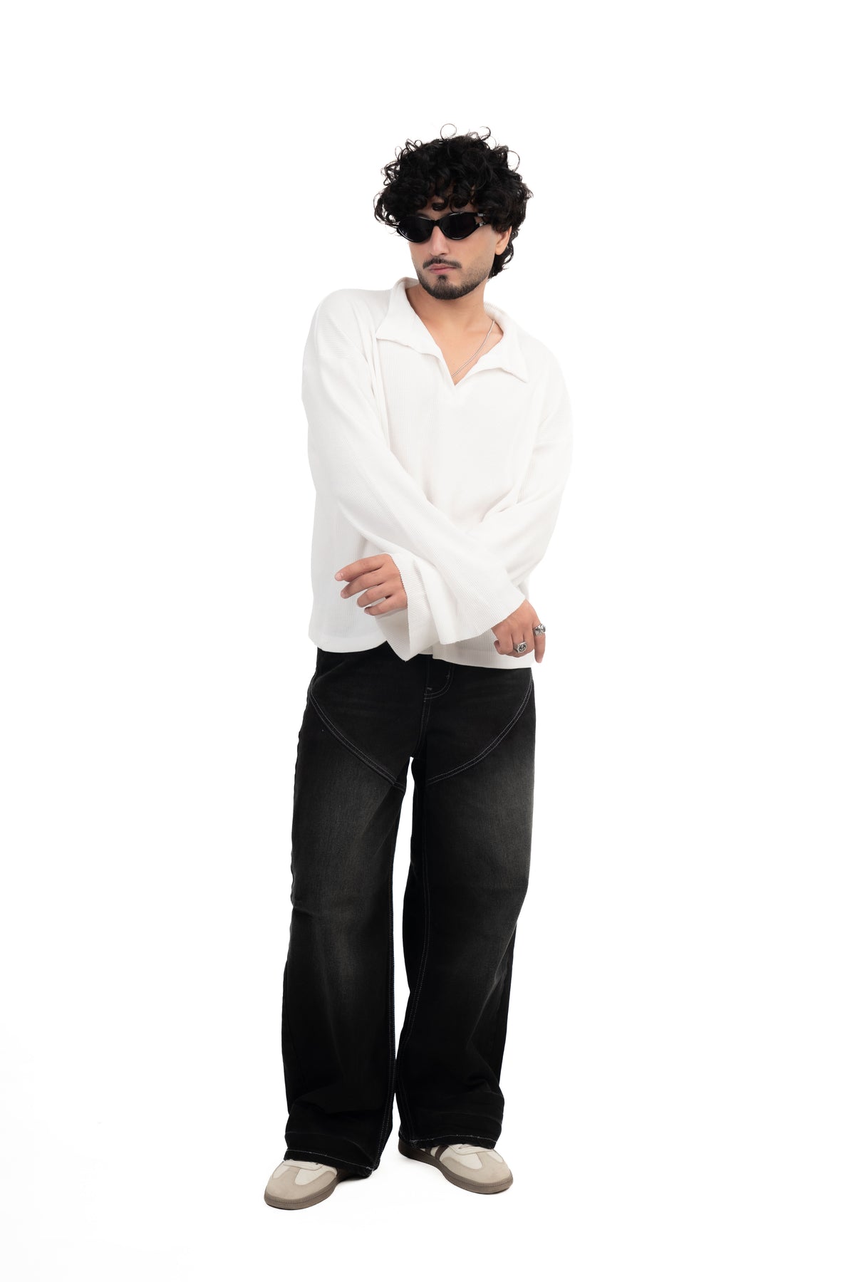 White Oversized Waffle Polo Tee
