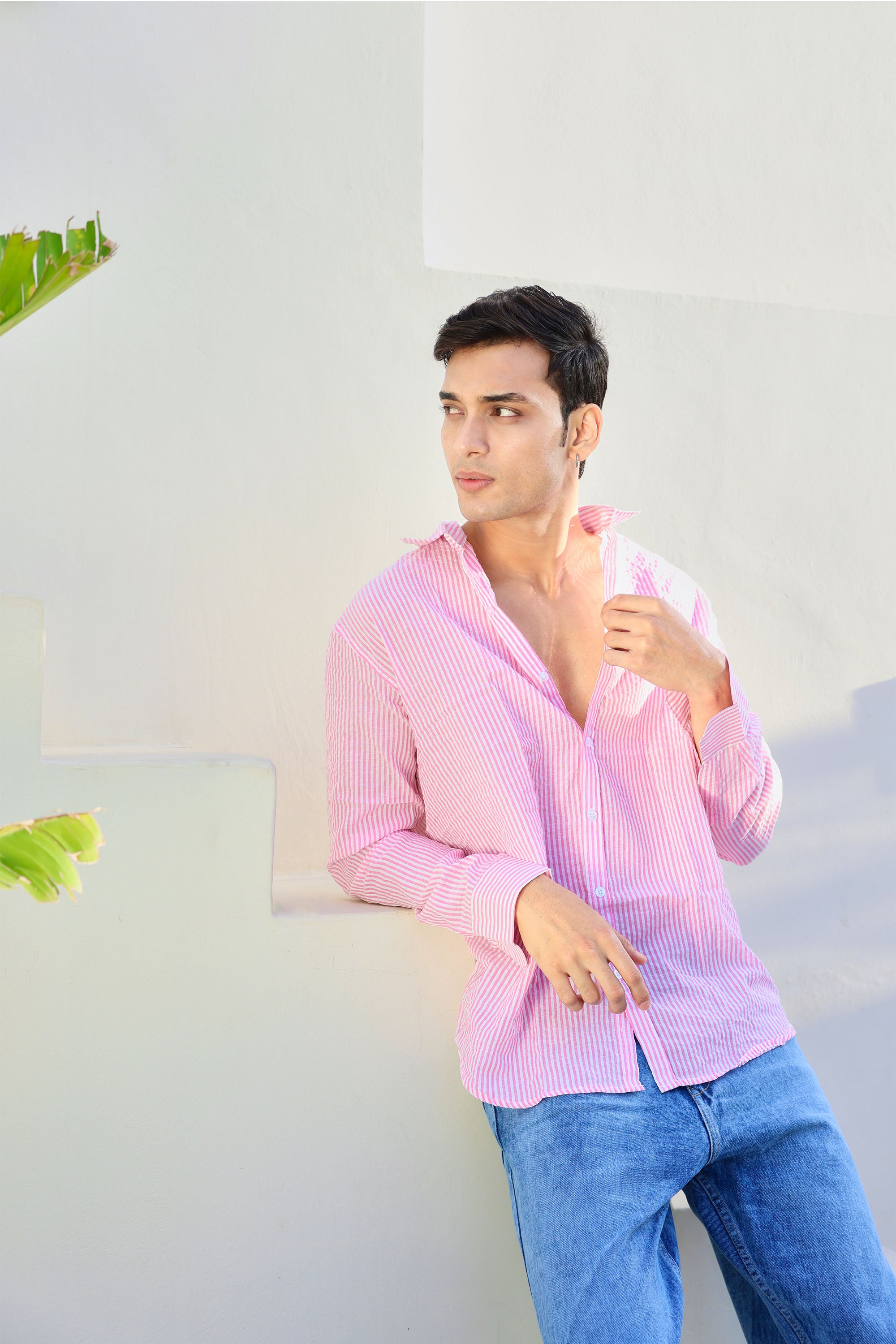 Pink and White Regular fit Striped Full Sleeves Shirt