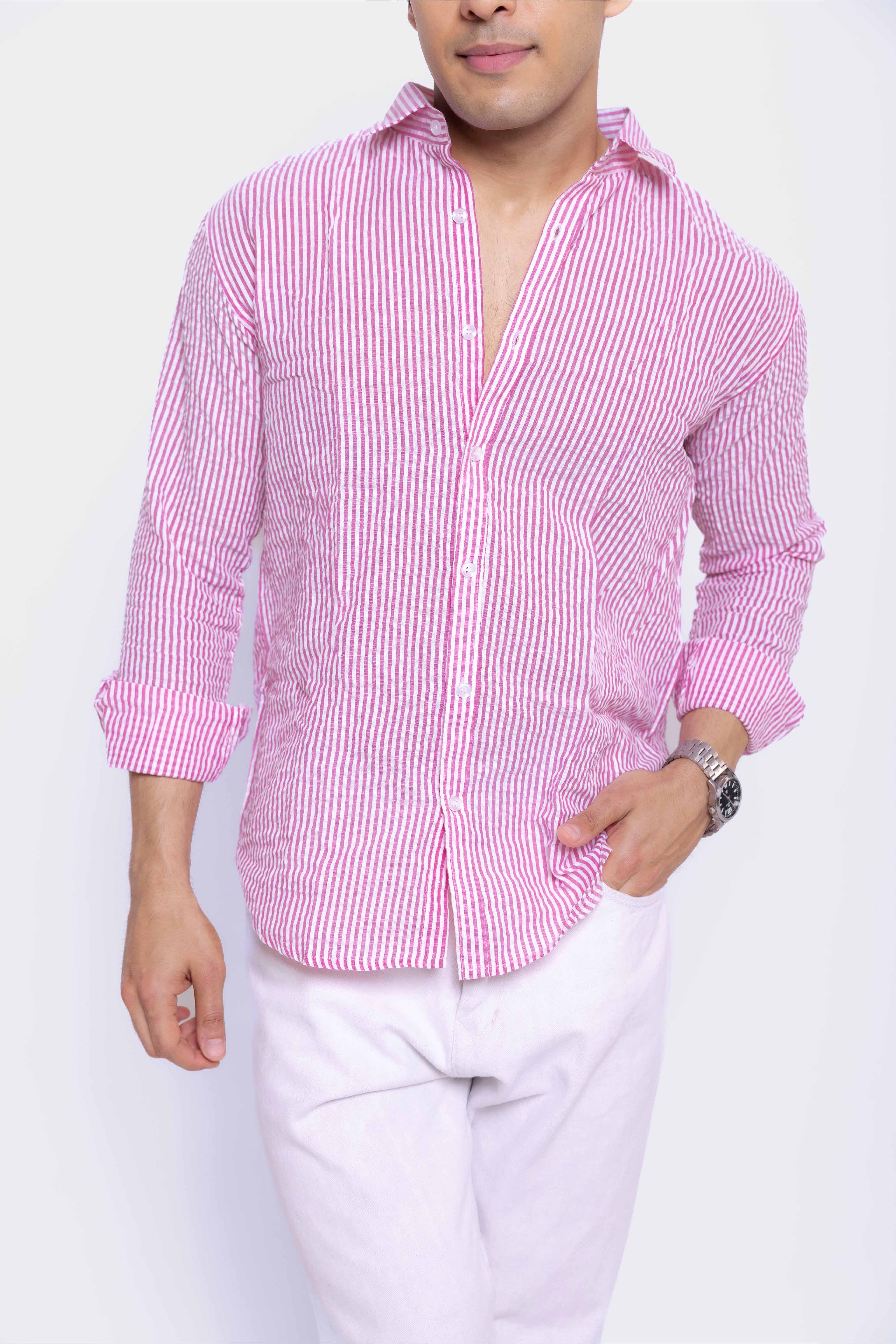 Pink and White Regular fit Striped Full Sleeves Shirt