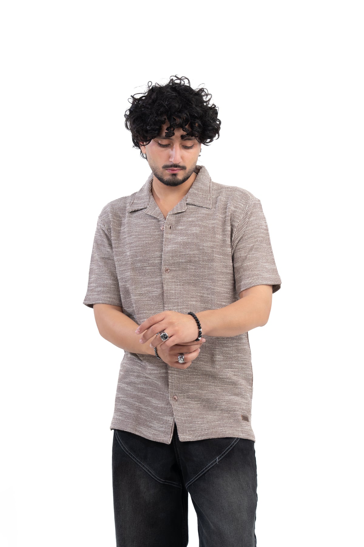 Textured Knit Half Sleeve Shirt Brown