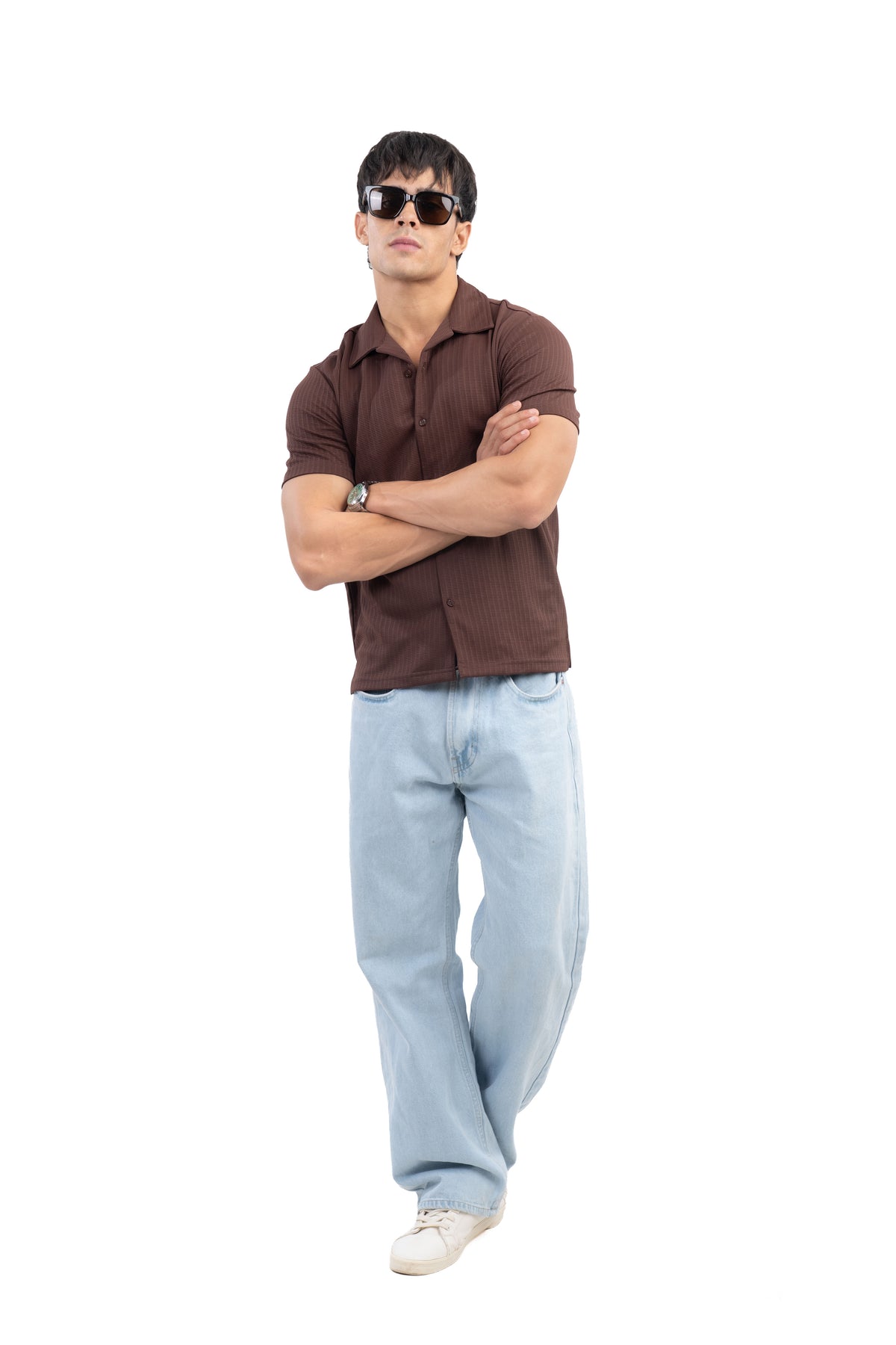 Brown Textured Cuban Collar Half Sleeve Shirt