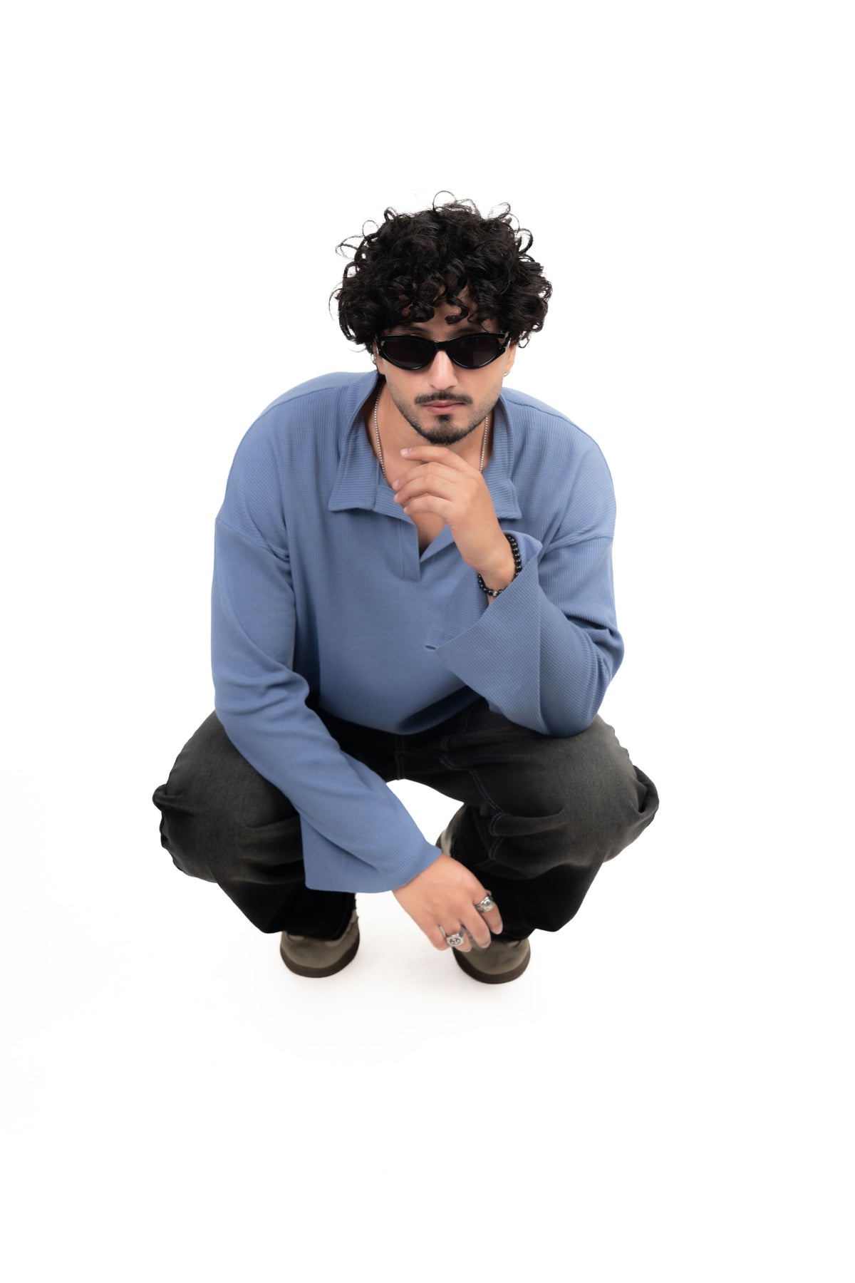 Dusty Blue Oversized Waffle Polo Tee
