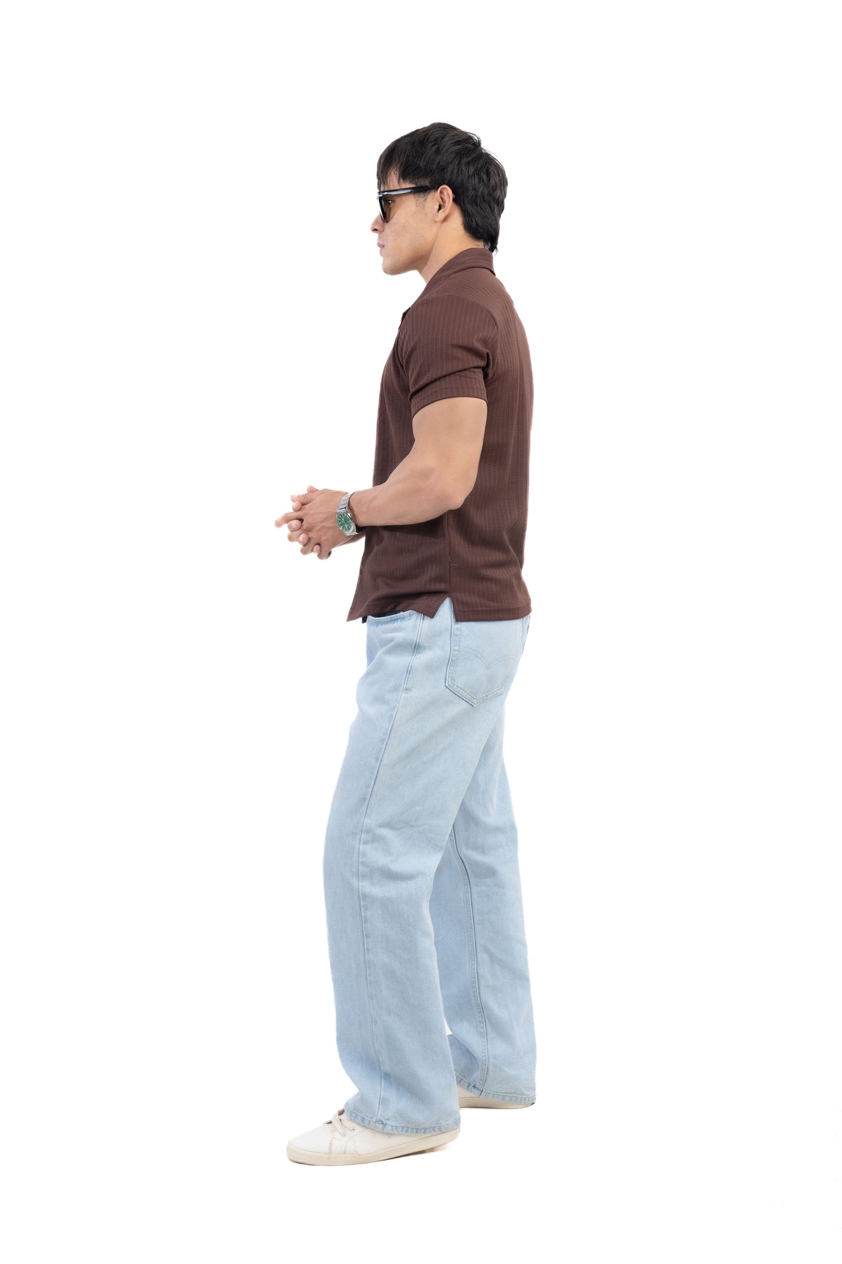 Brown Textured Cuban Collar Half Sleeve Shirt