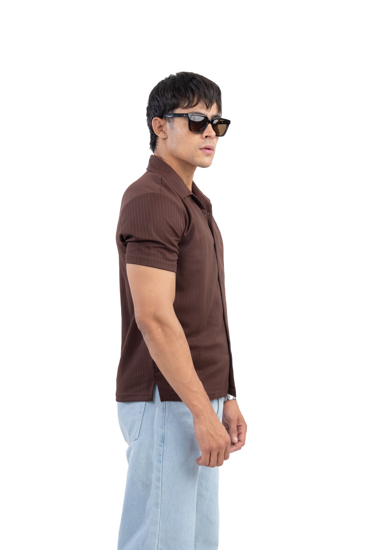 Brown Textured Cuban Collar Half Sleeve Shirt
