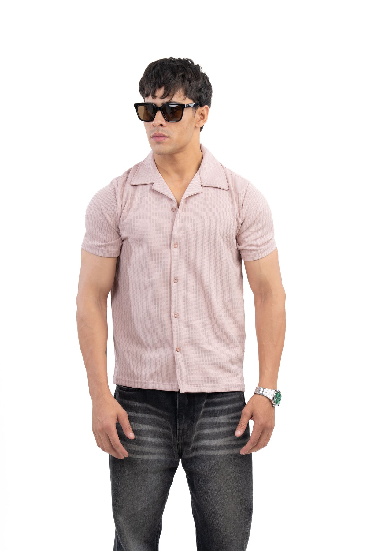 Dusty Pink Textured Cuban Collar Half Sleeve Shirt
