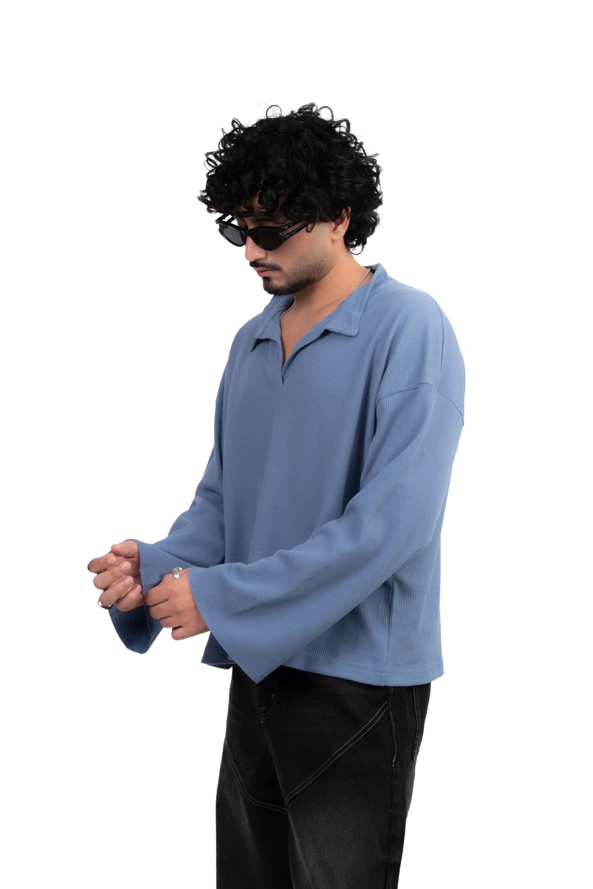 Dusty Blue Oversized Waffle Polo Tee