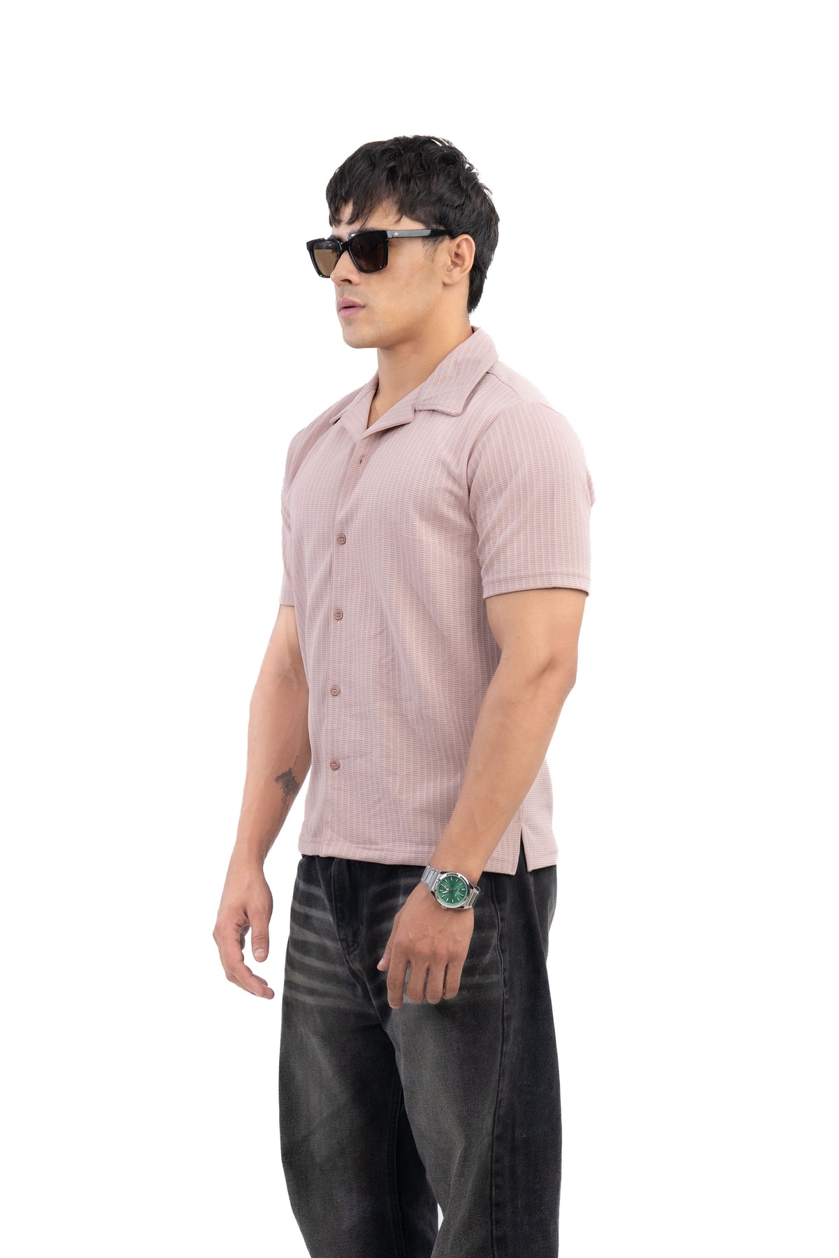 Dusty Pink Textured Cuban Collar Half Sleeve Shirt