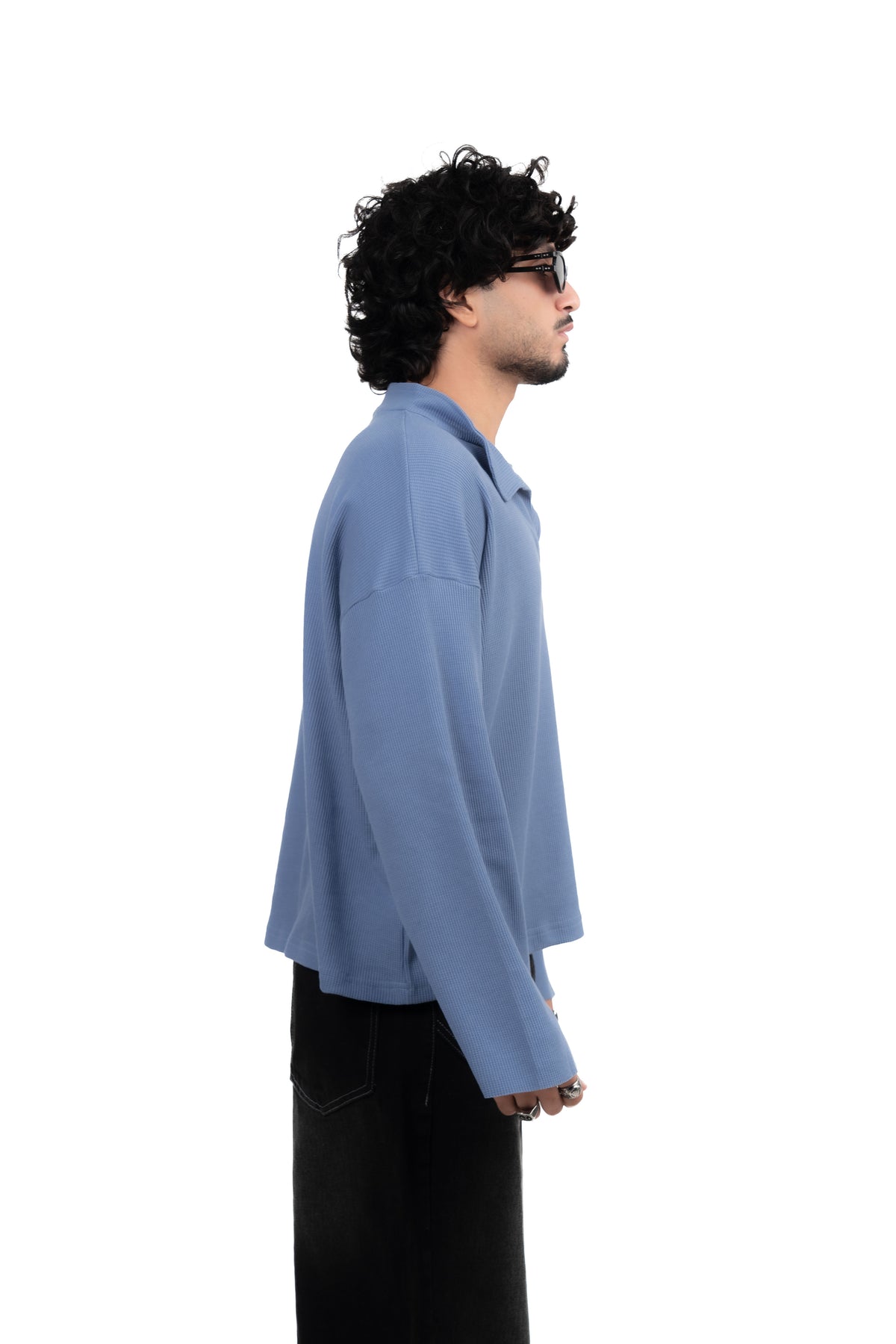 Dusty Blue Oversized Waffle Polo Tee