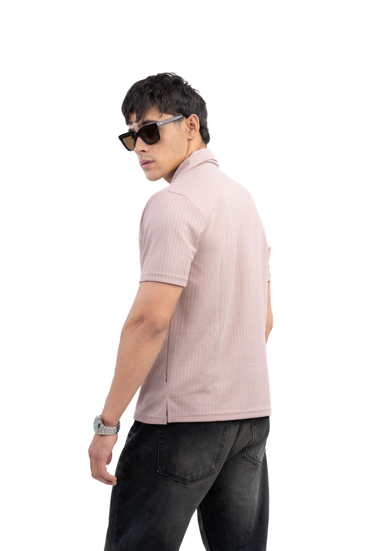 Dusty Pink Textured Cuban Collar Half Sleeve Shirt