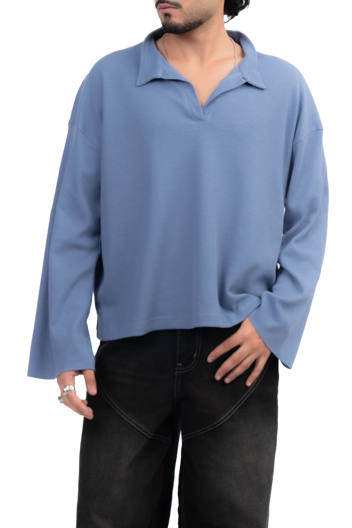 Dusty Blue Oversized Waffle Polo Tee