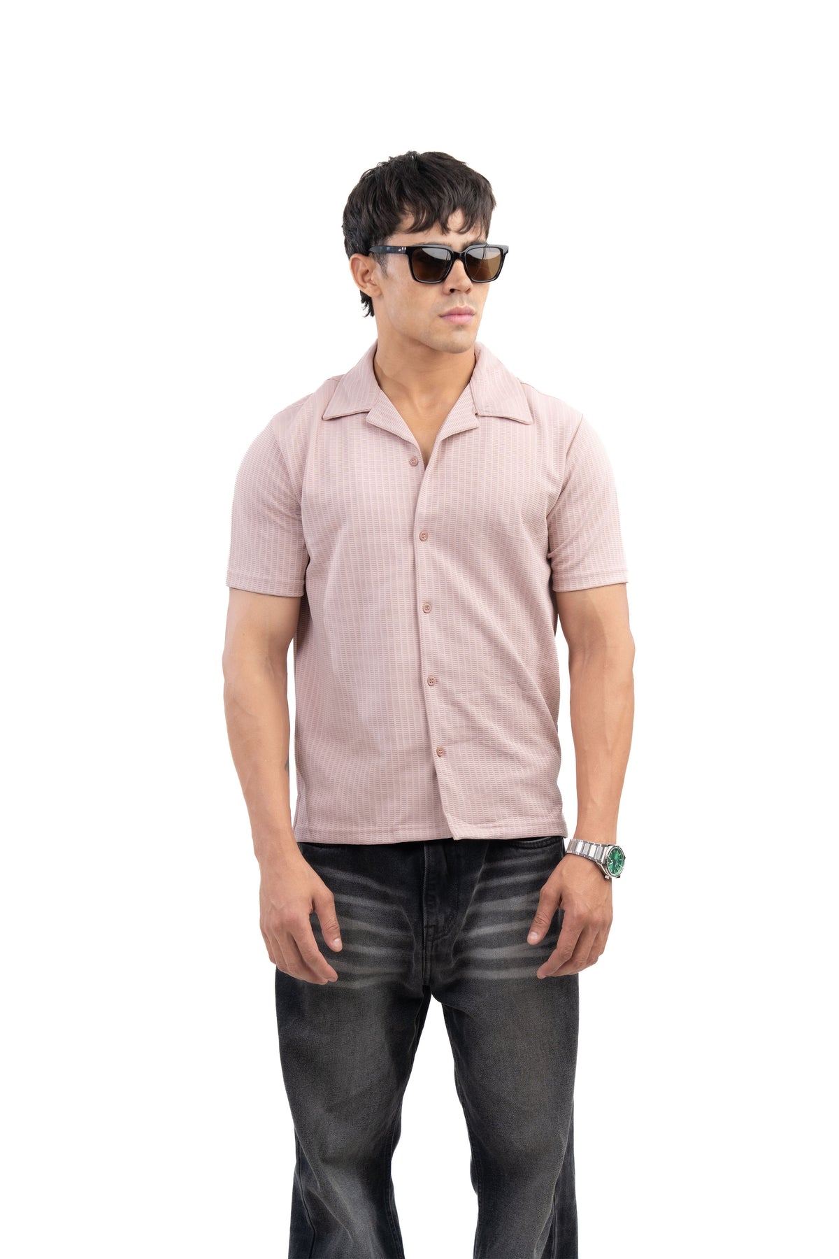 Dusty Pink Textured Cuban Collar Half Sleeve Shirt