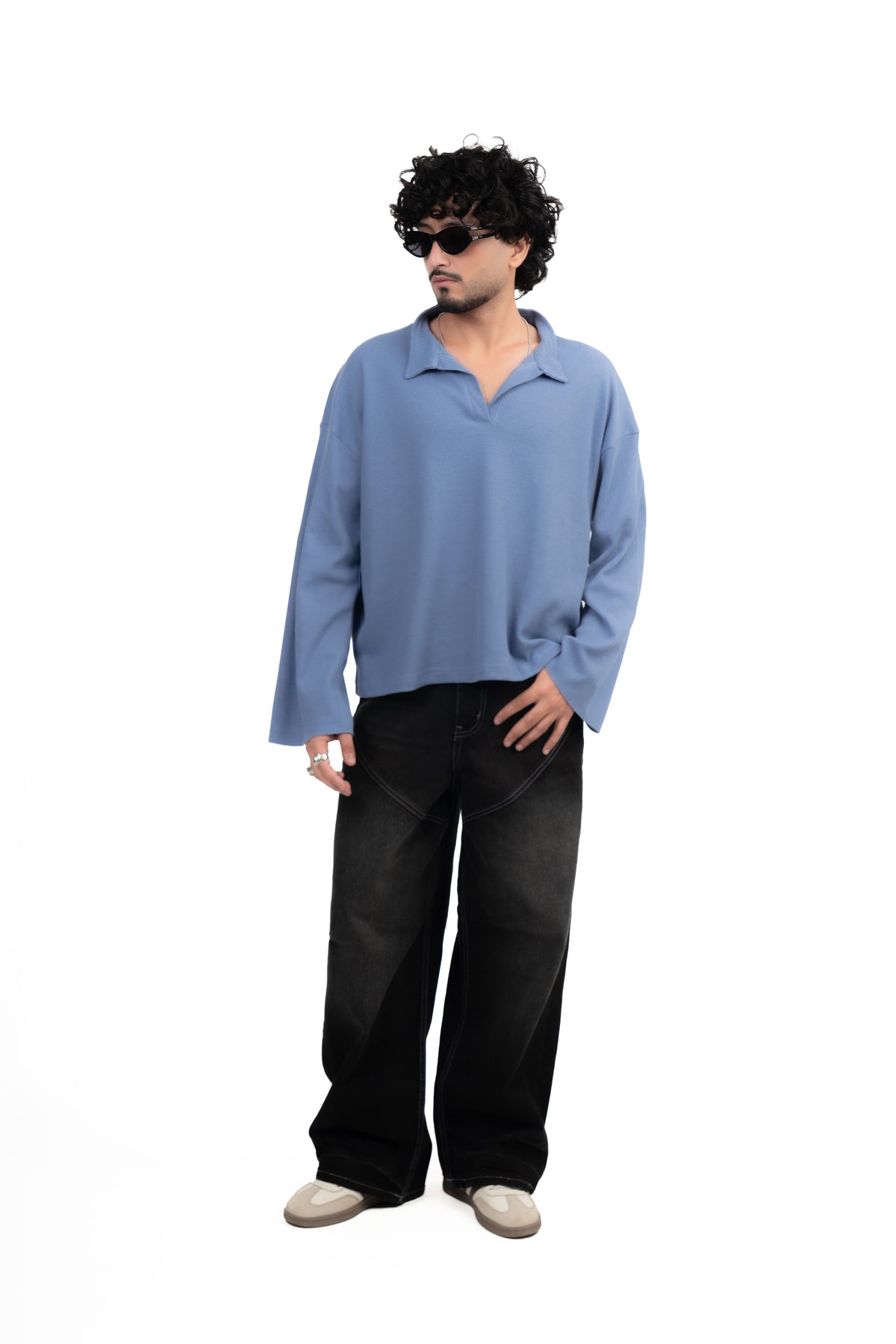 Dusty Blue Oversized Waffle Polo Tee