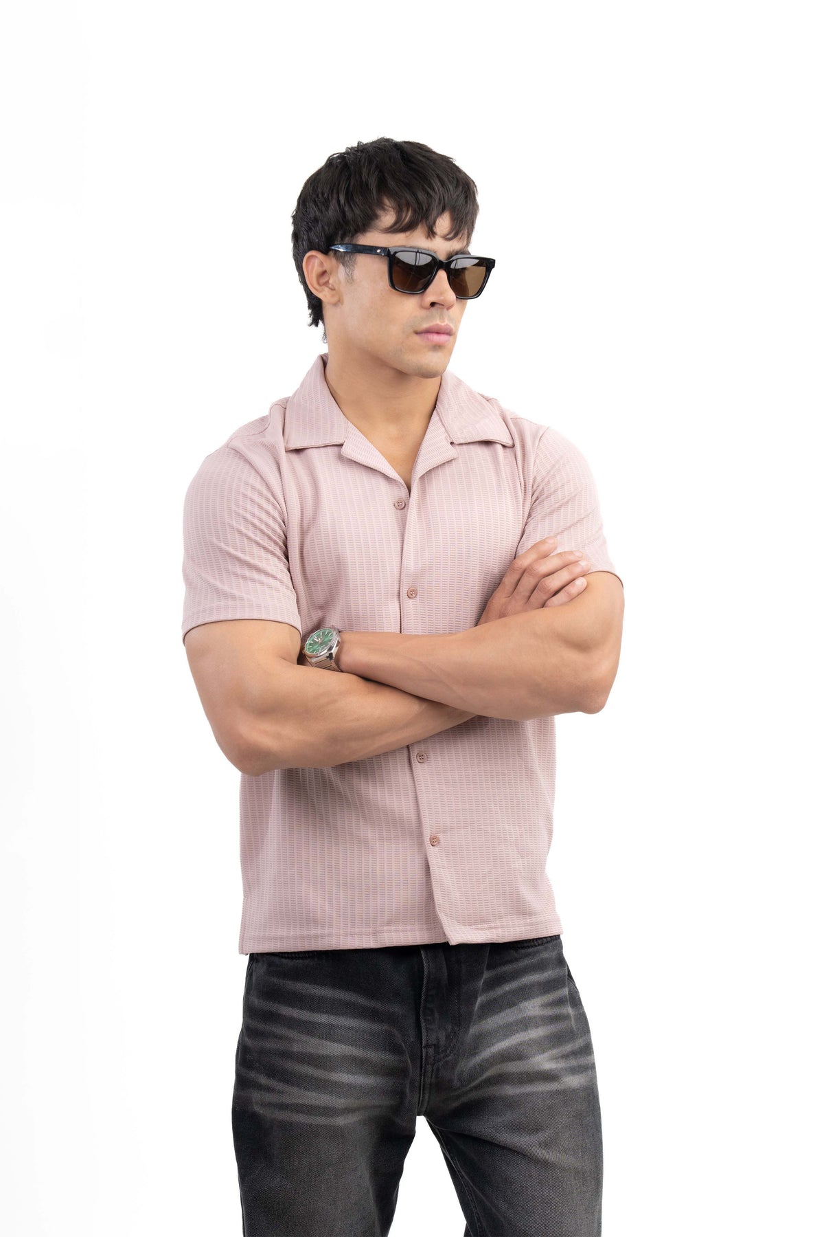 Dusty Pink Textured Cuban Collar Half Sleeve Shirt