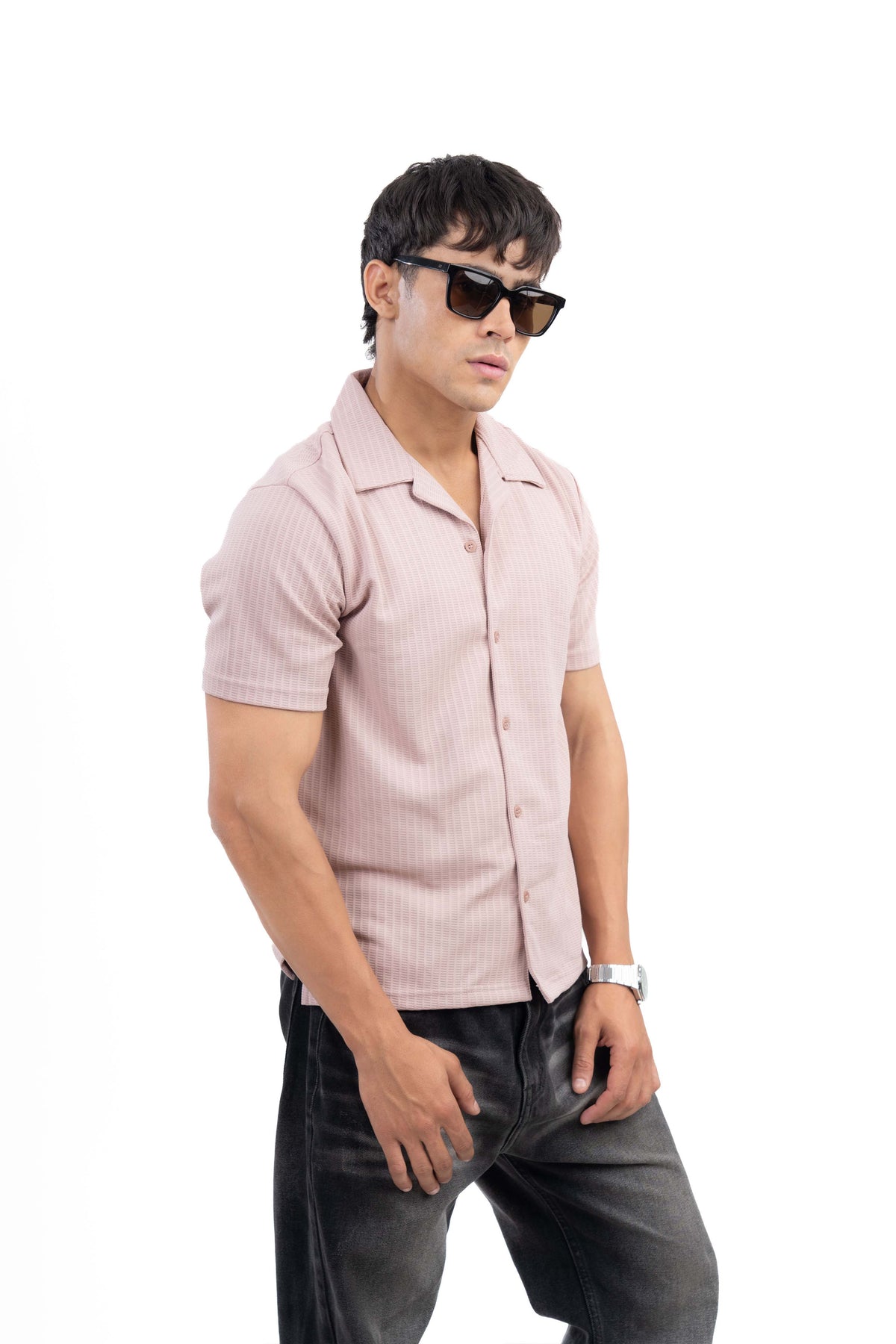 Dusty Pink Textured Cuban Collar Half Sleeve Shirt