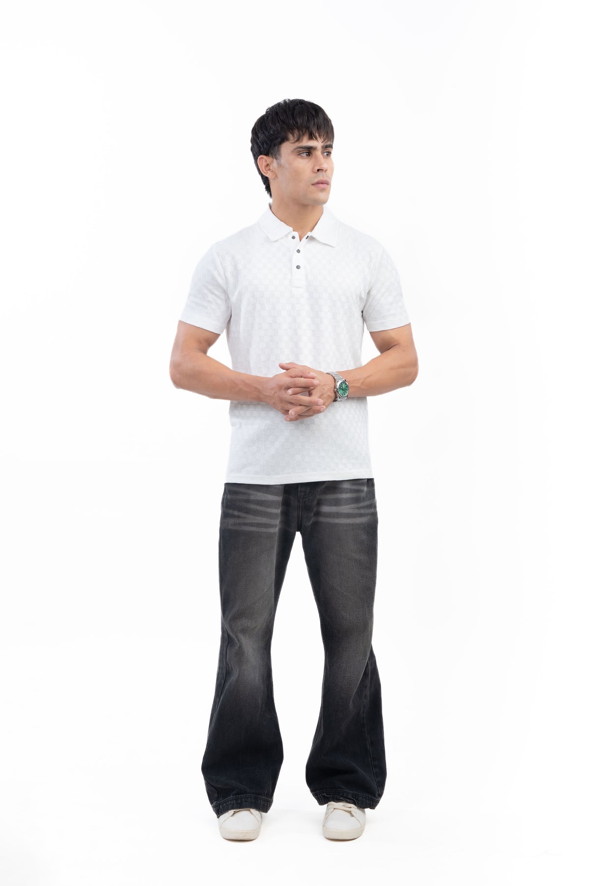 White Textured Check Polo T-Shirt