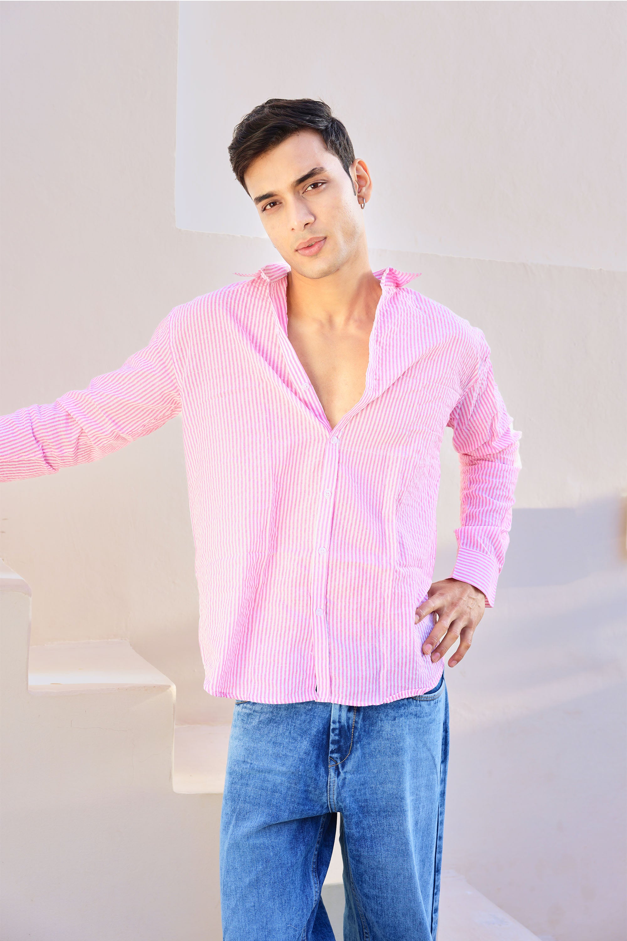 Pink and White Regular fit Striped Full Sleeves Shirt