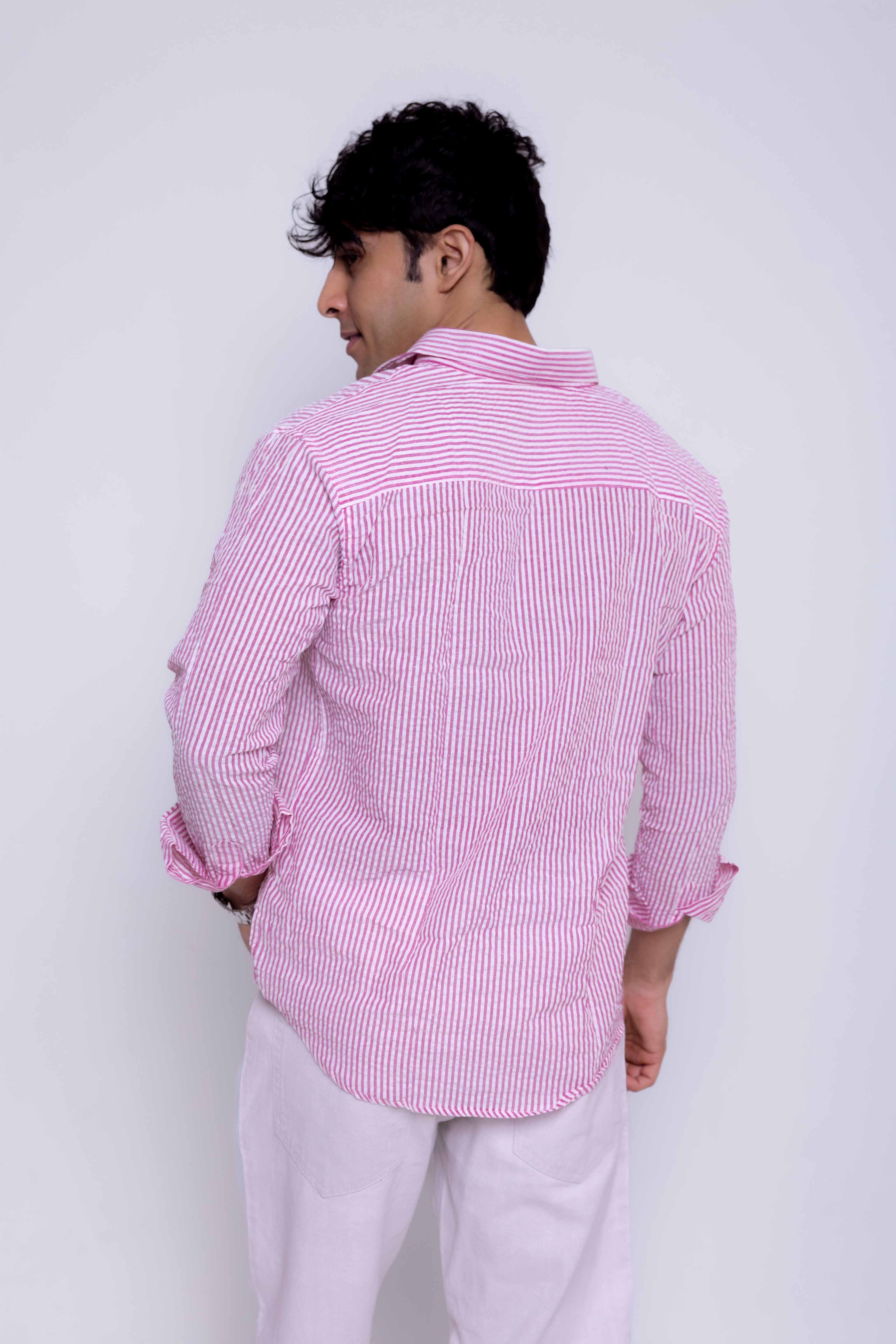 Pink and White Regular fit Striped Full Sleeves Shirt