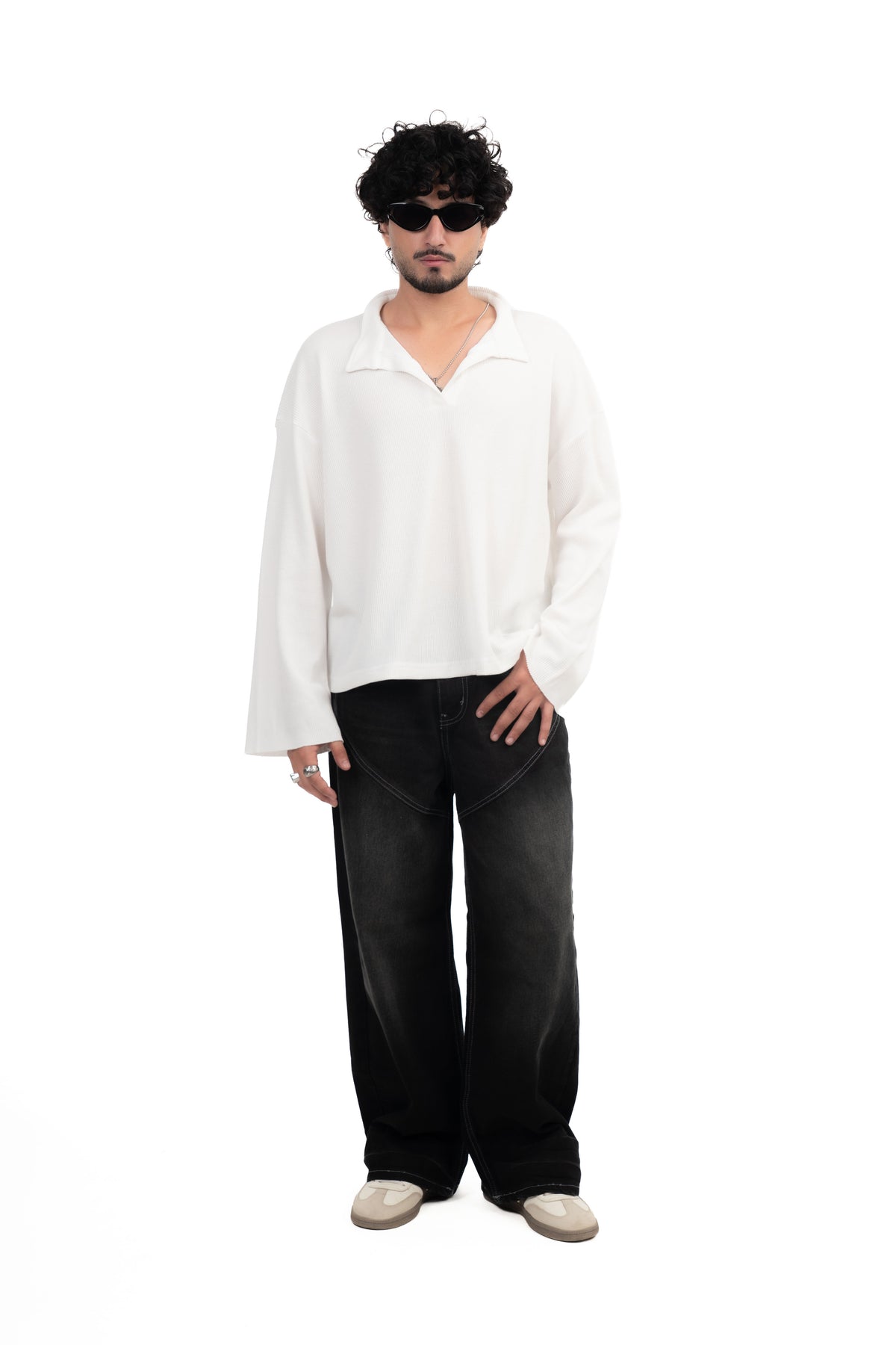 White Oversized Waffle Polo Tee
