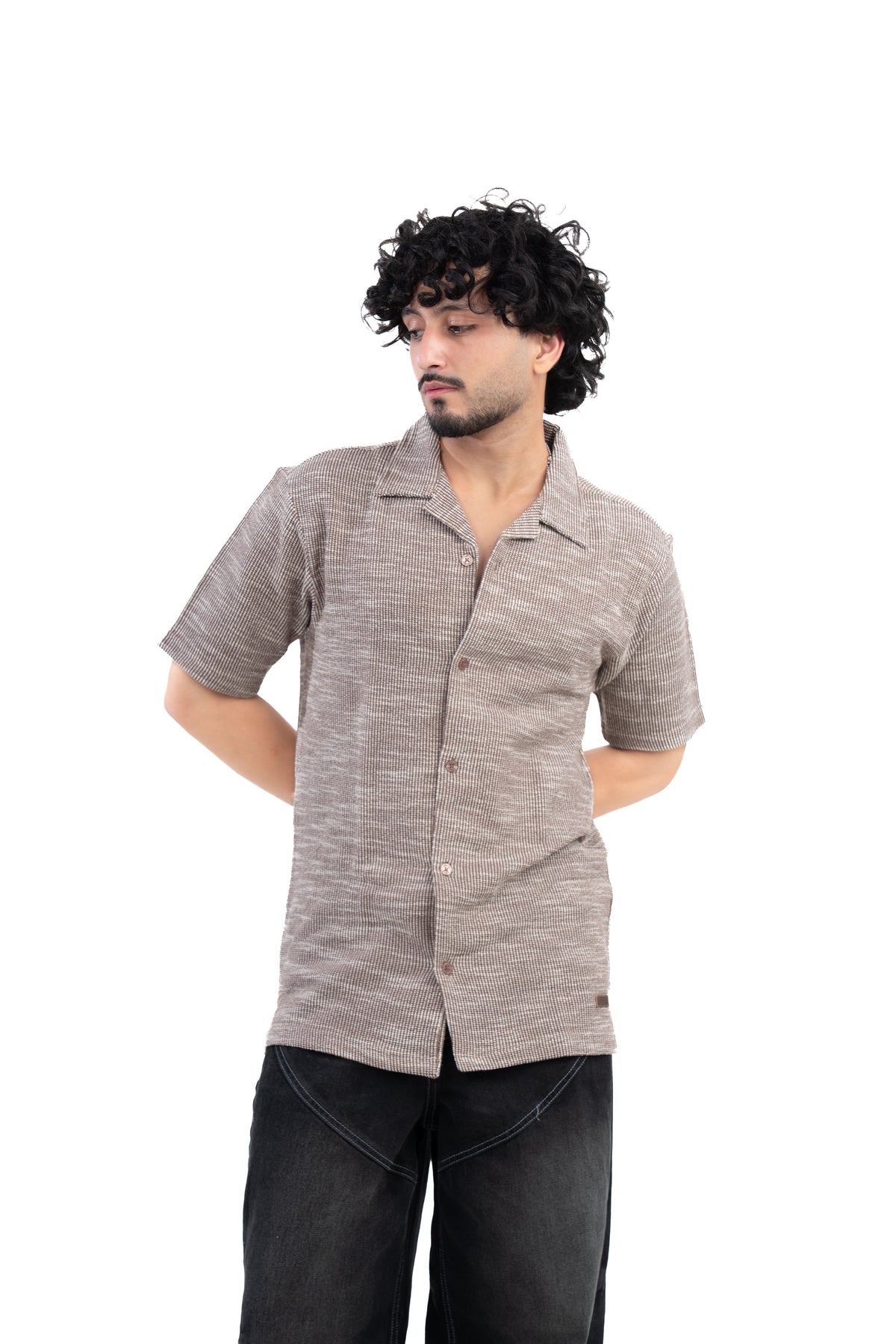 Textured Knit Half Sleeve Shirt Brown