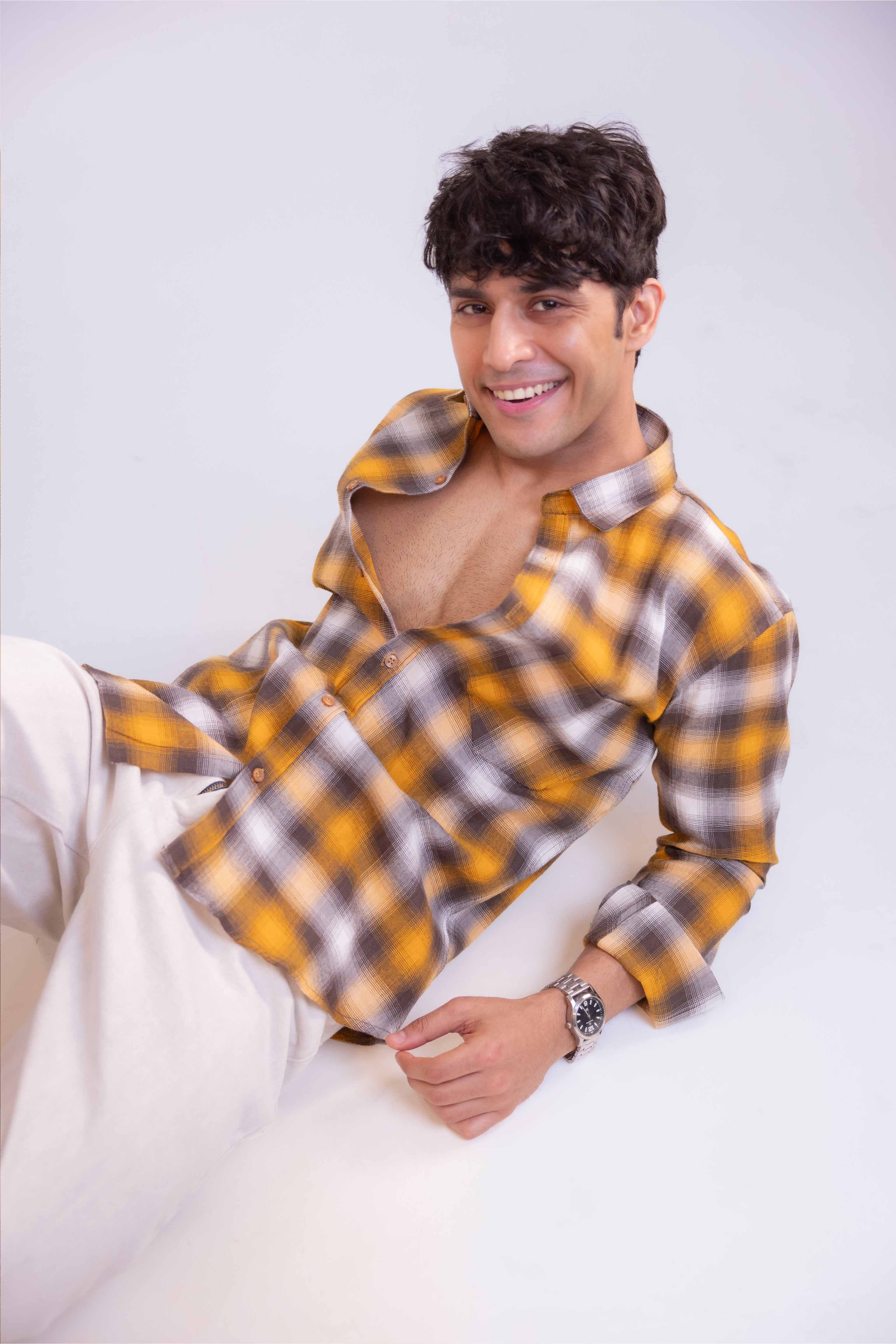 Yellow and Black Structured Checks Shirt
