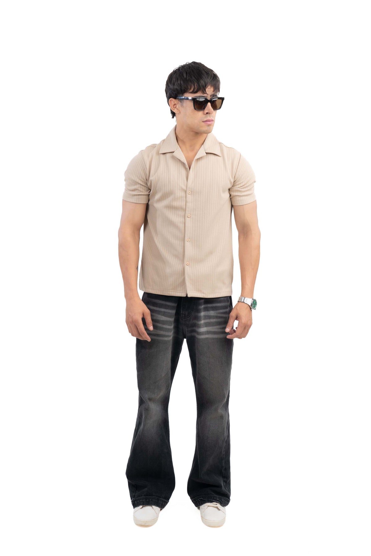 Beige Textured Cuban Collar Half Sleeve Shirt