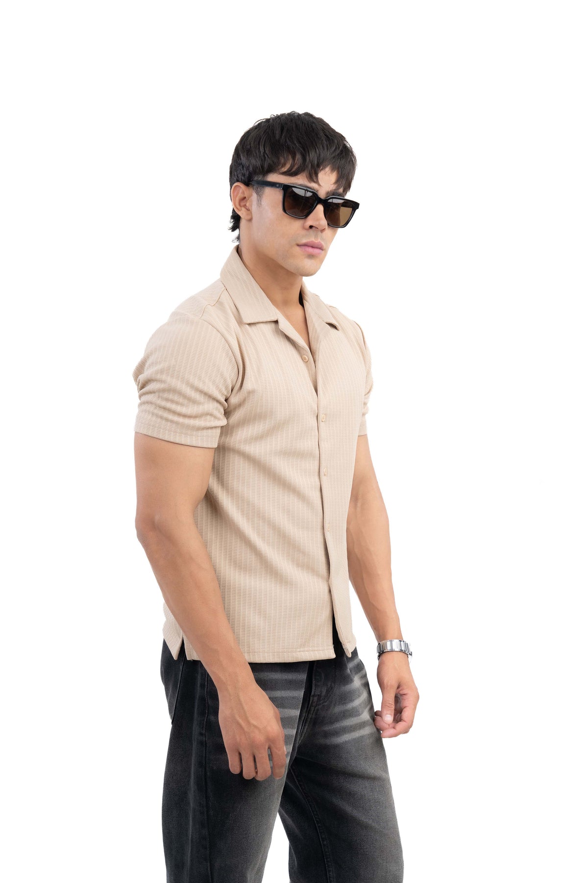 Beige Textured Cuban Collar Half Sleeve Shirt