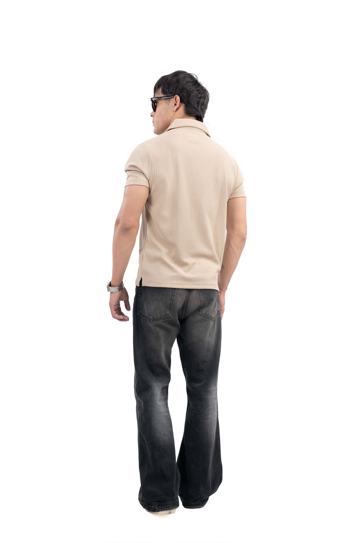 Beige Textured Cuban Collar Half Sleeve Shirt
