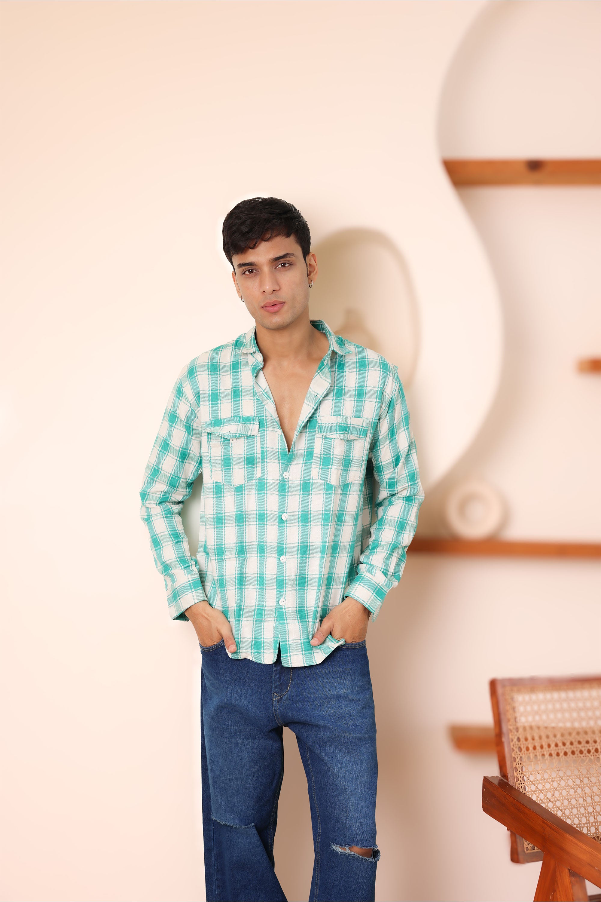 White And Green Structured Checks Shirt