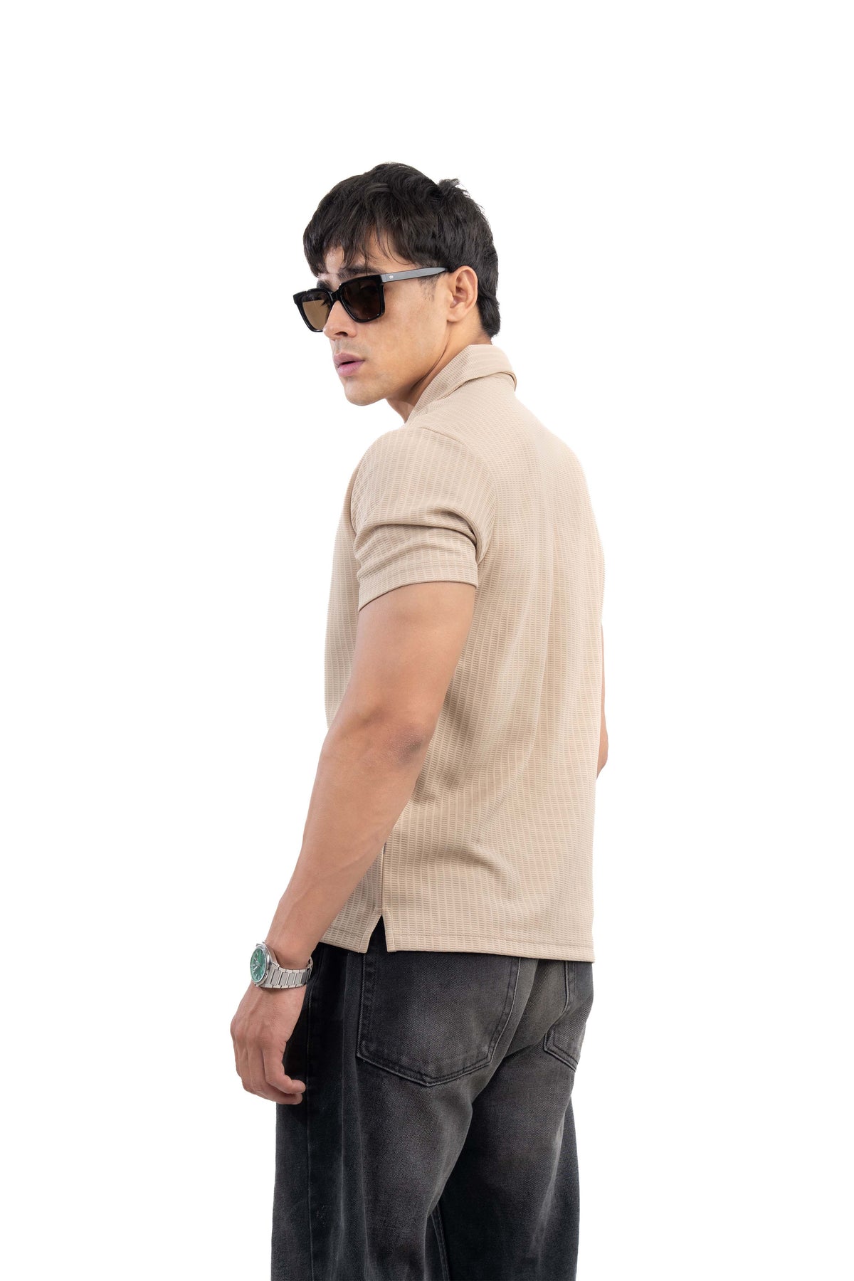 Beige Textured Cuban Collar Half Sleeve Shirt